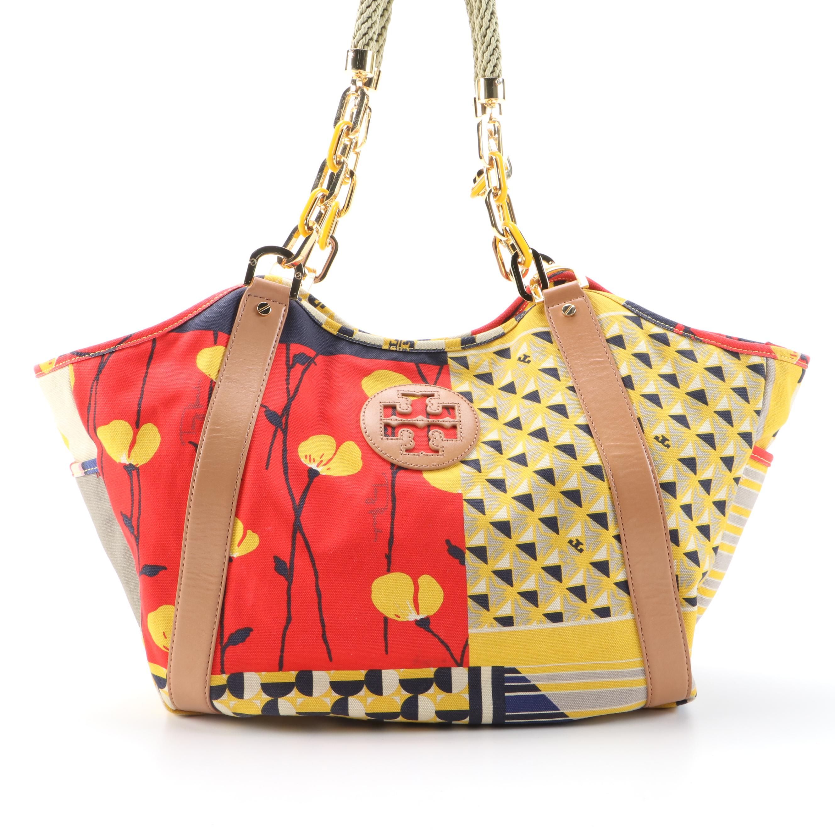 Tory Burch Channing Printed Canvas Tote with Light Brown Leather Trim
