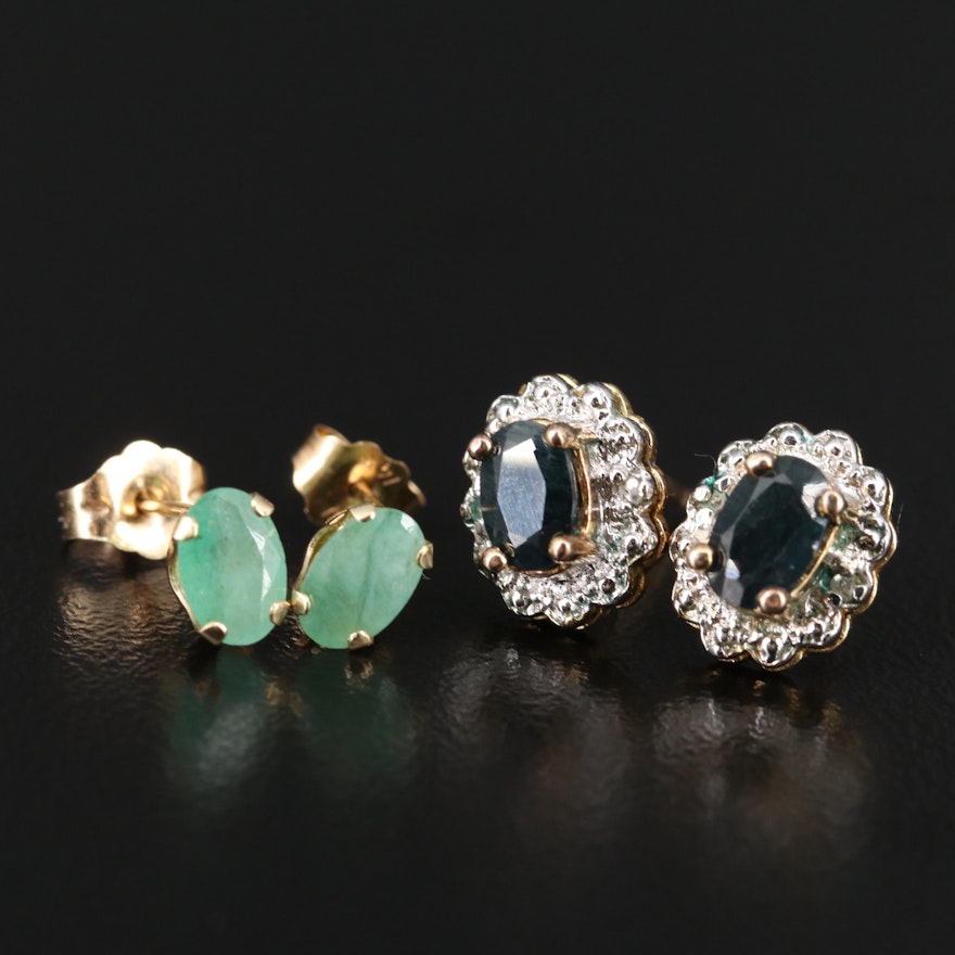 Sterling and 14K Emerald, Sapphire and Diamond Stud Earrings