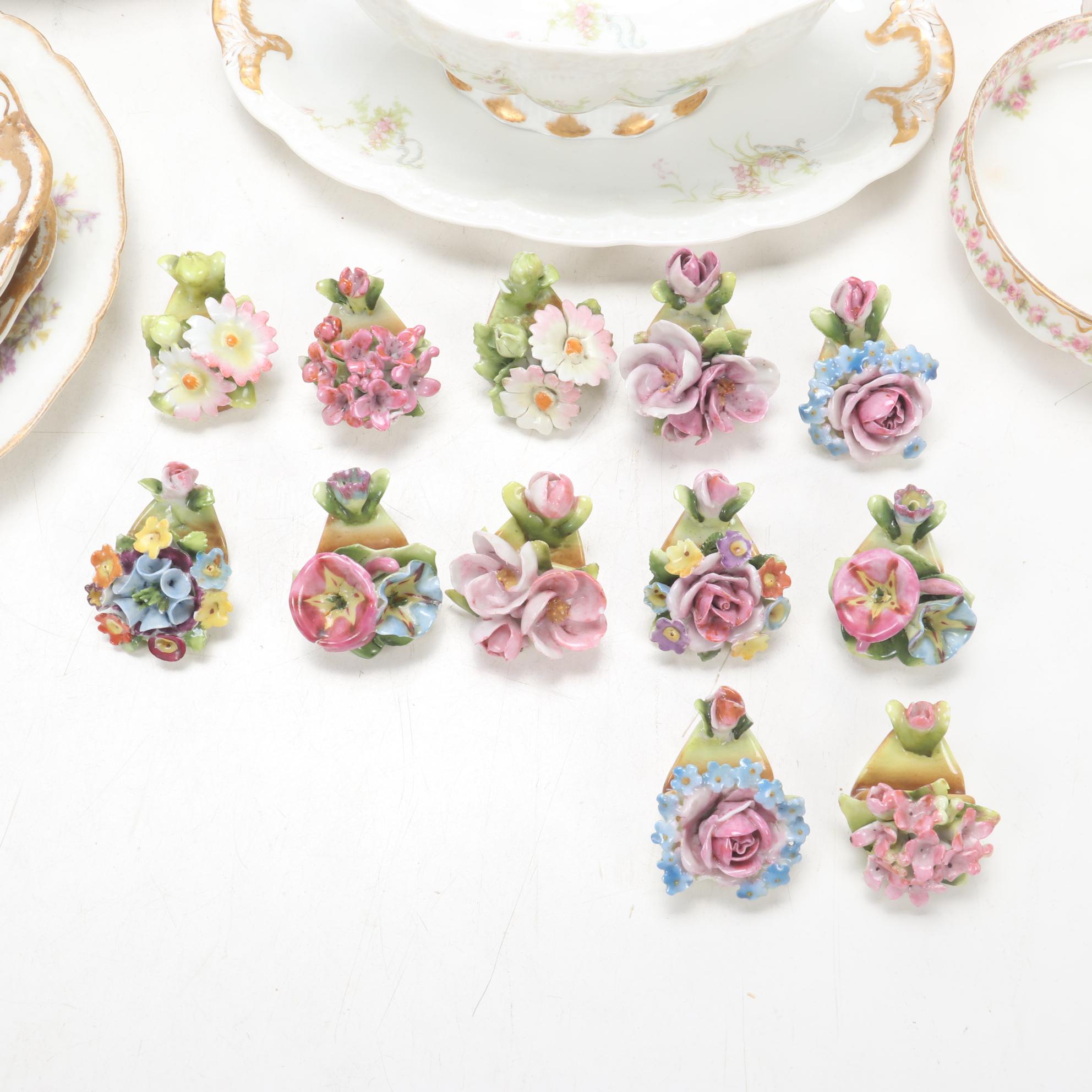 Dresden Plaue-Schierholz Flower Place Card Holders and Other Porcelain, Antique