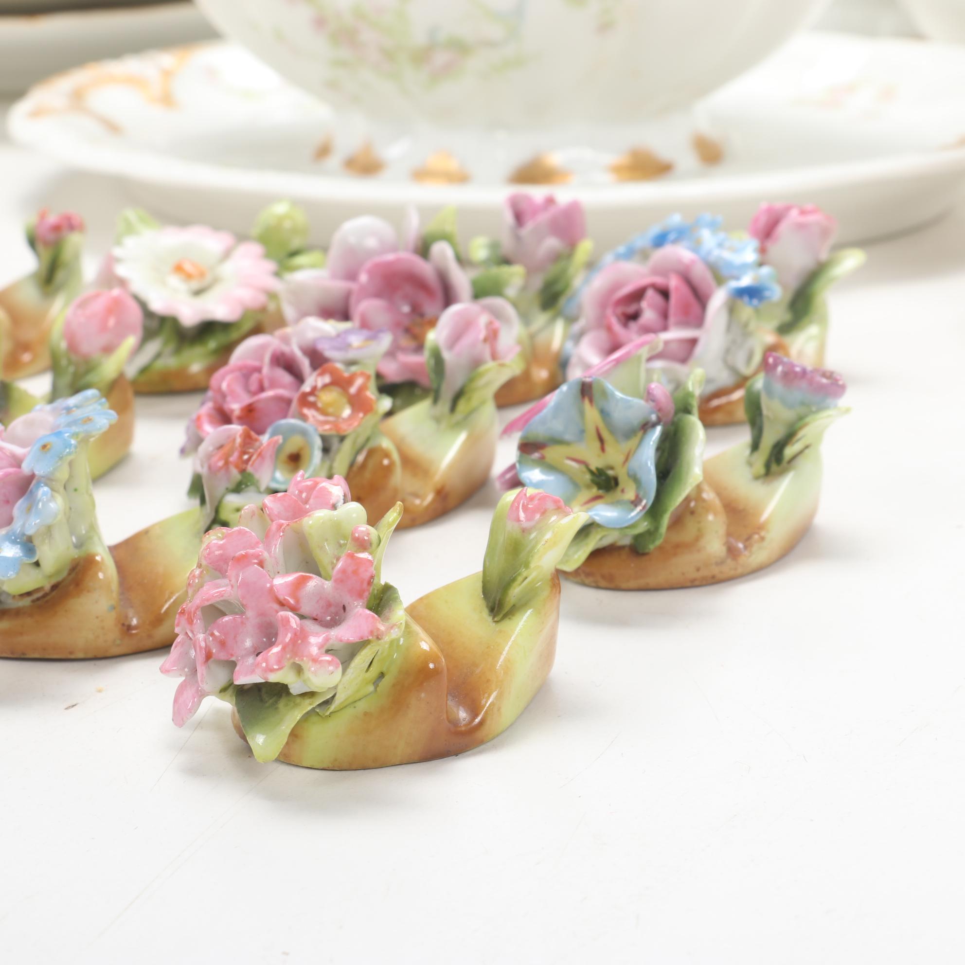 Dresden Plaue-Schierholz Flower Place Card Holders and Other Porcelain, Antique