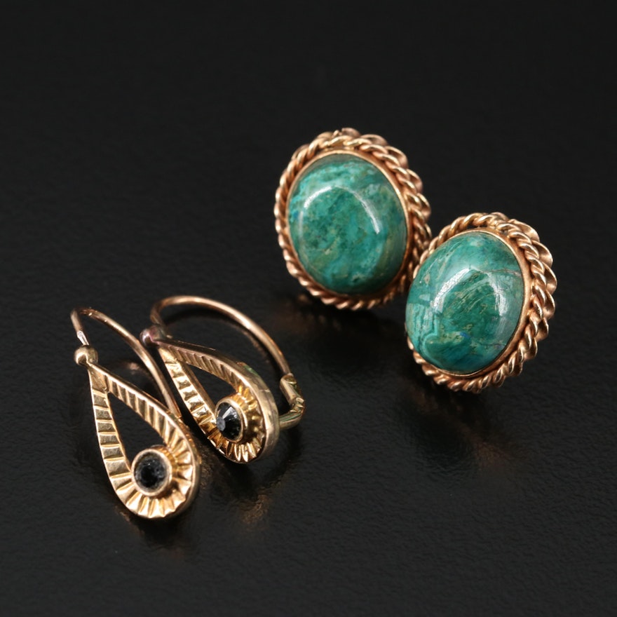 14K Azurmalachite Button Earrings with Glass Dangle Earrings