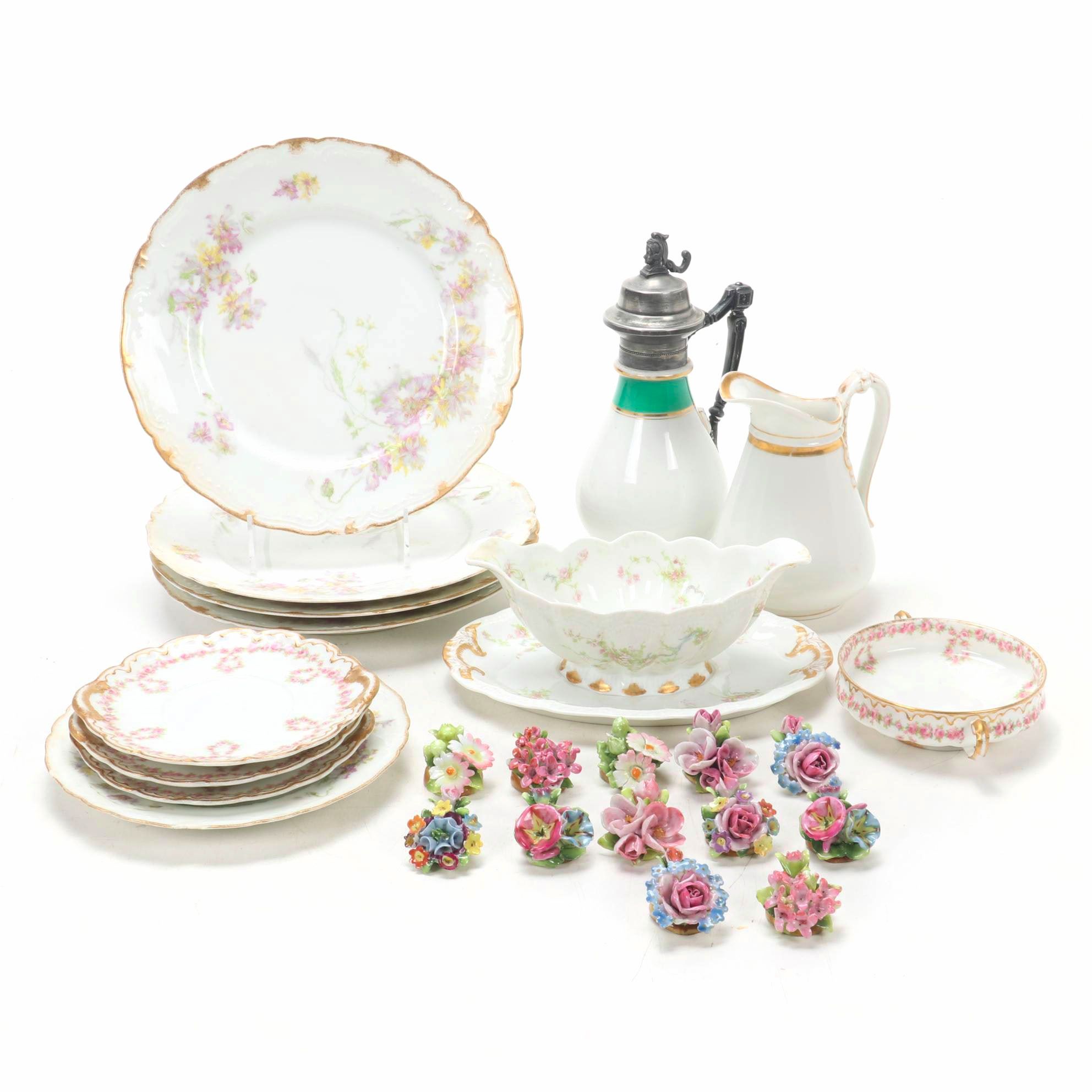 Dresden Plaue-Schierholz Flower Place Card Holders and Other Porcelain, Antique