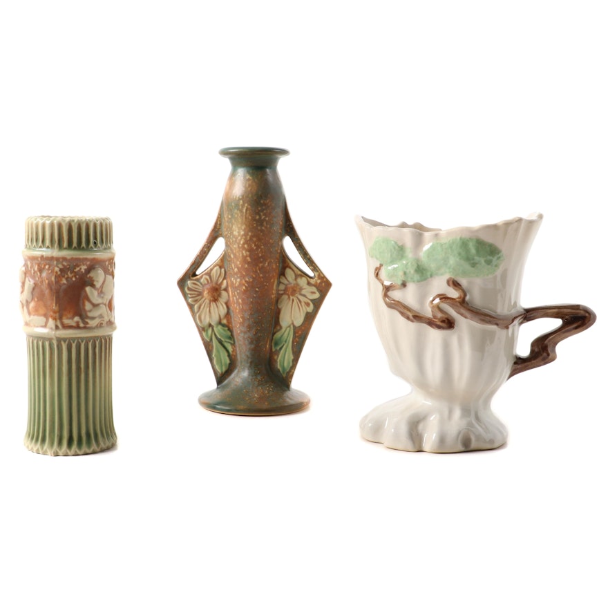 Roseville Pottery, Dahlrose, Donatello, and Temple White Ming Tree Vases
