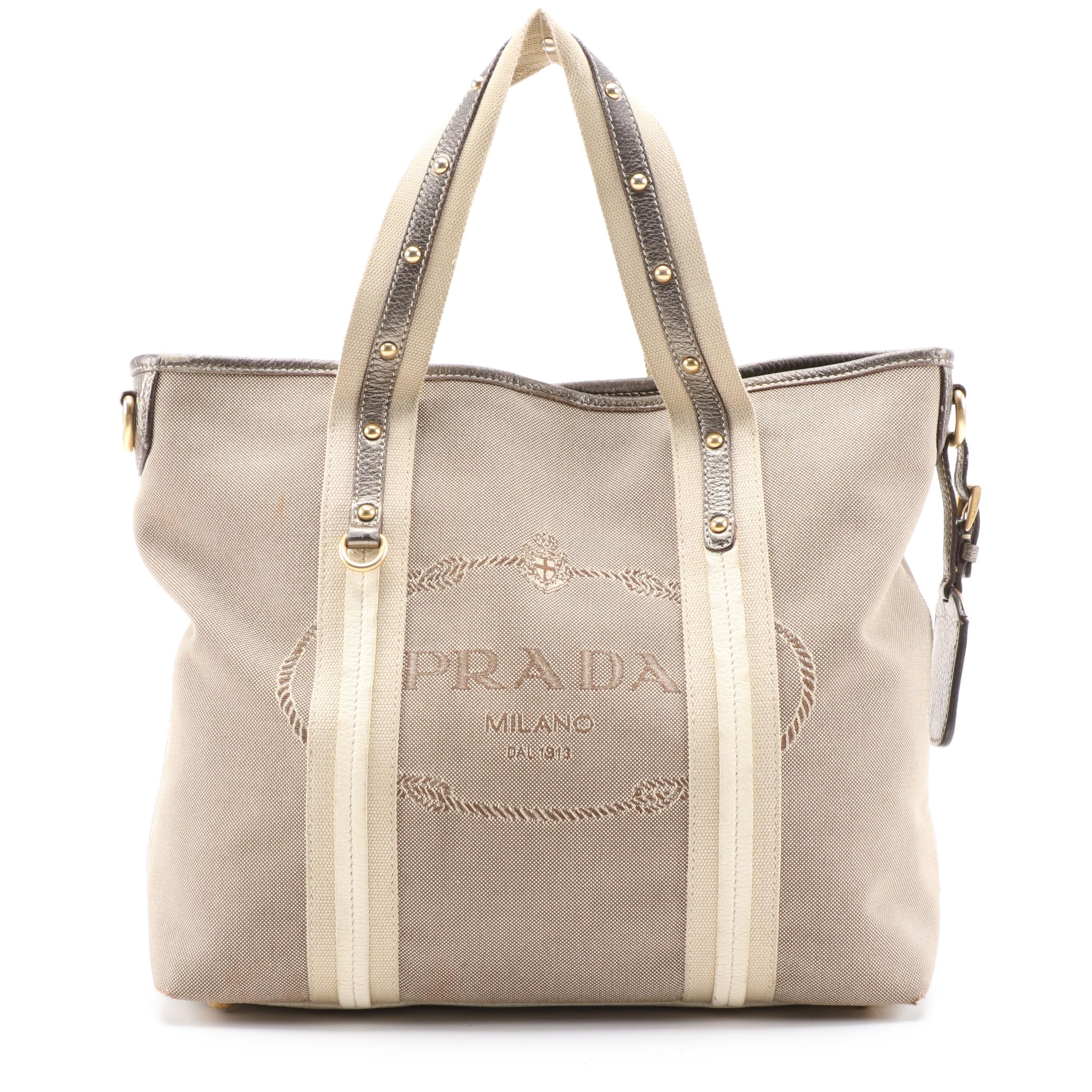 Prada Canapa Canvas Tote in Khaki with Leather Trim