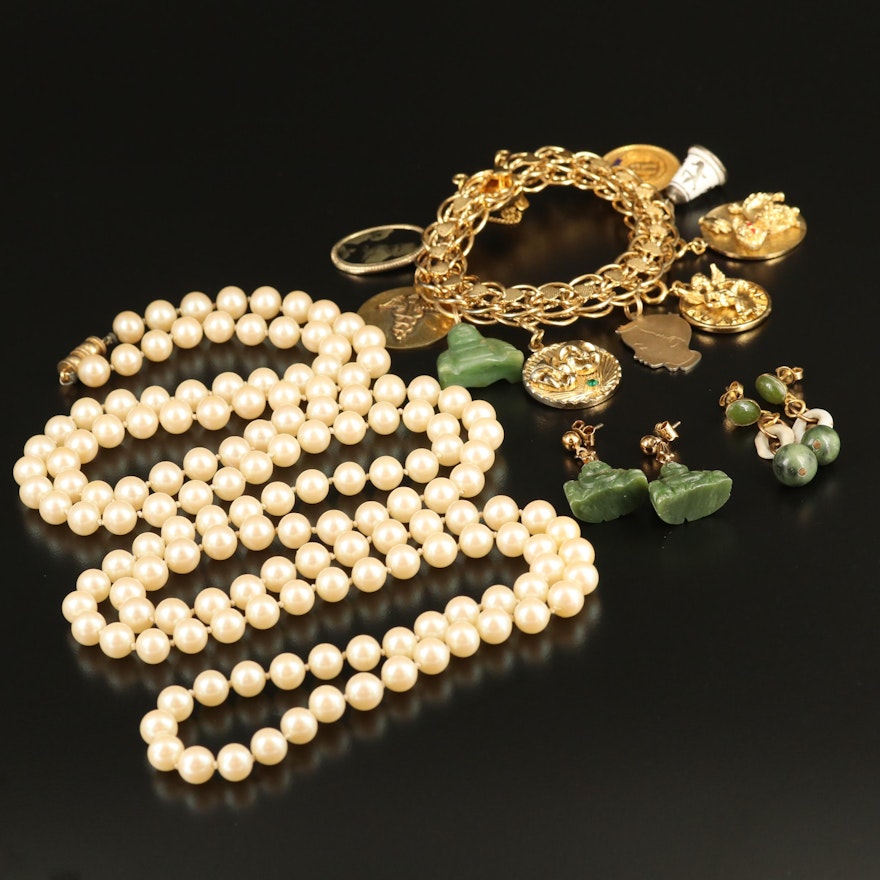 Collection of Jewelry Including Faux Pearl Necklace and Charm Bracelet