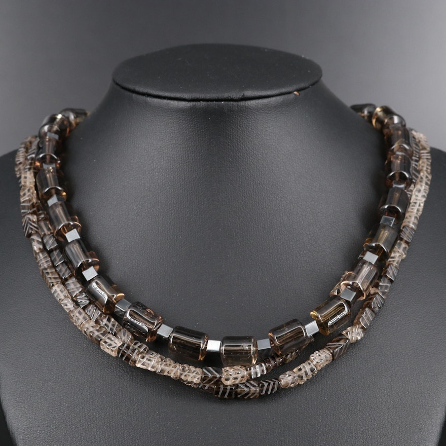 Smoky Quartz Multi Strand Beaded Necklace with Sterling Silver Clasp