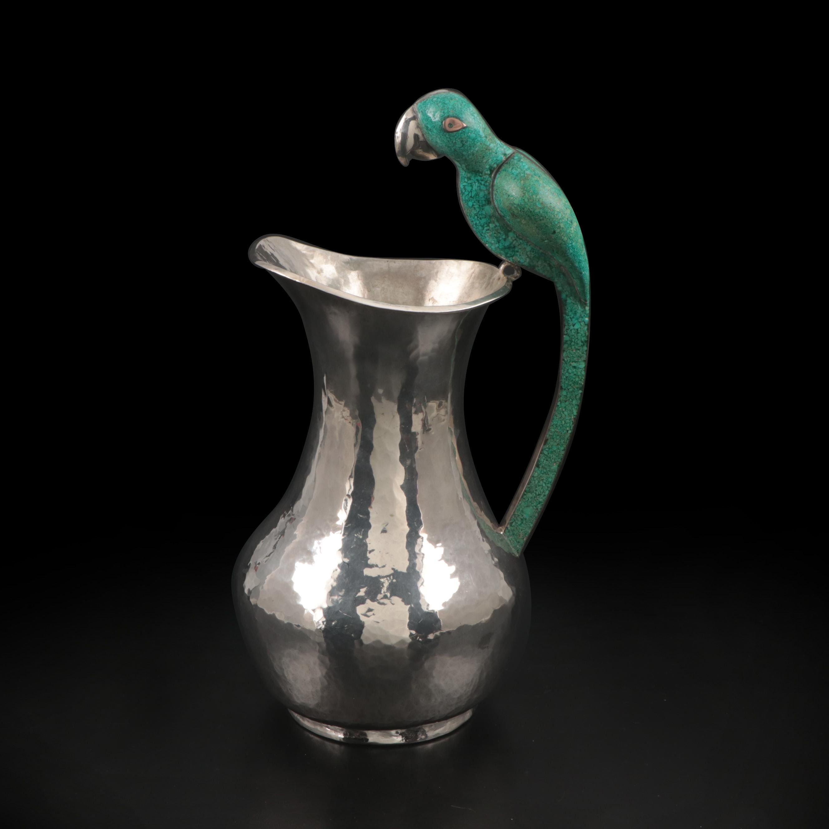 Taxco Silver Plate Pitcher with Chipped Turquoise Parrot Handle