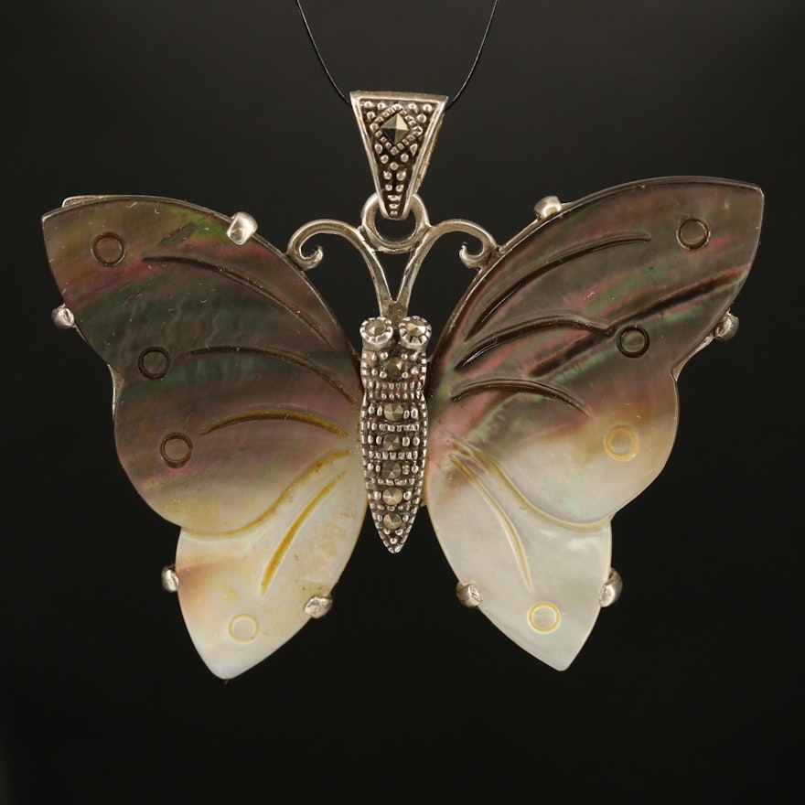 Sterling Silver Mother of Pearl and Marcasite Butterfly Pendant