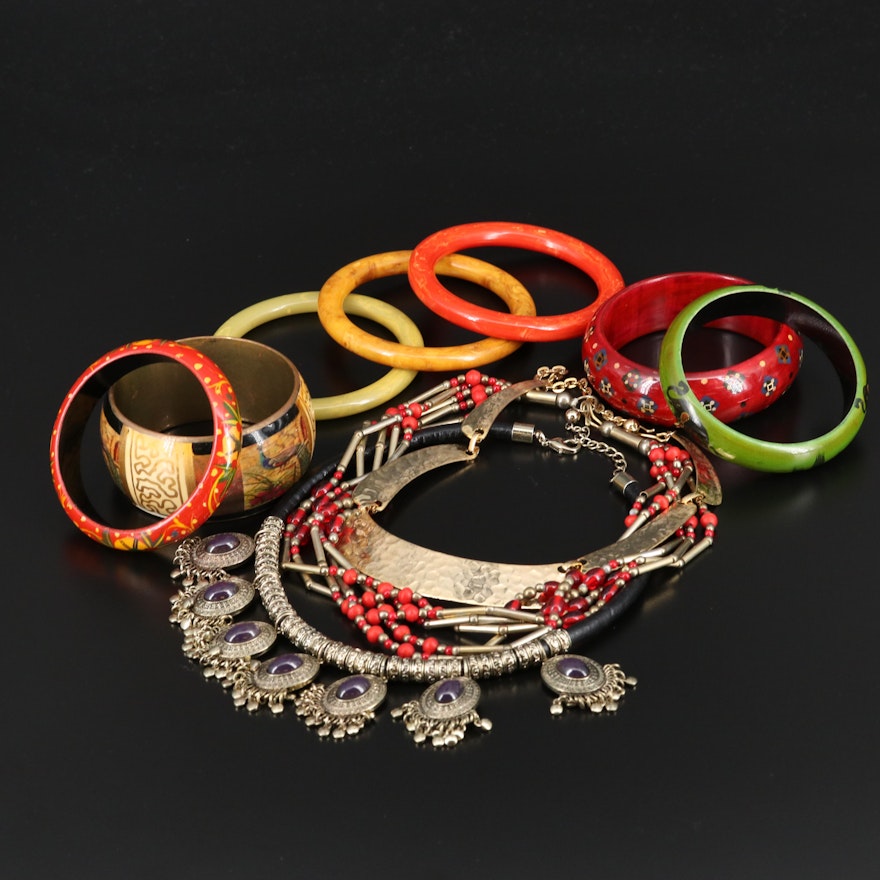 Bracelet and Necklace Assortment Including Bakelite Bangles and Wood