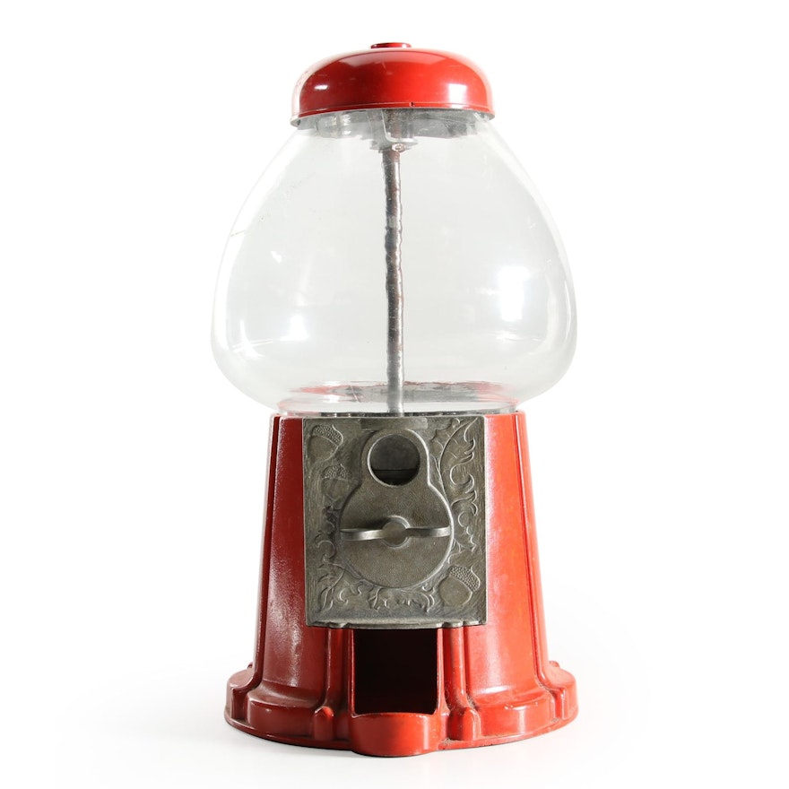 25 Cents Red Painted Cast Iron and Glass Gumball Machine, Late 20th Century