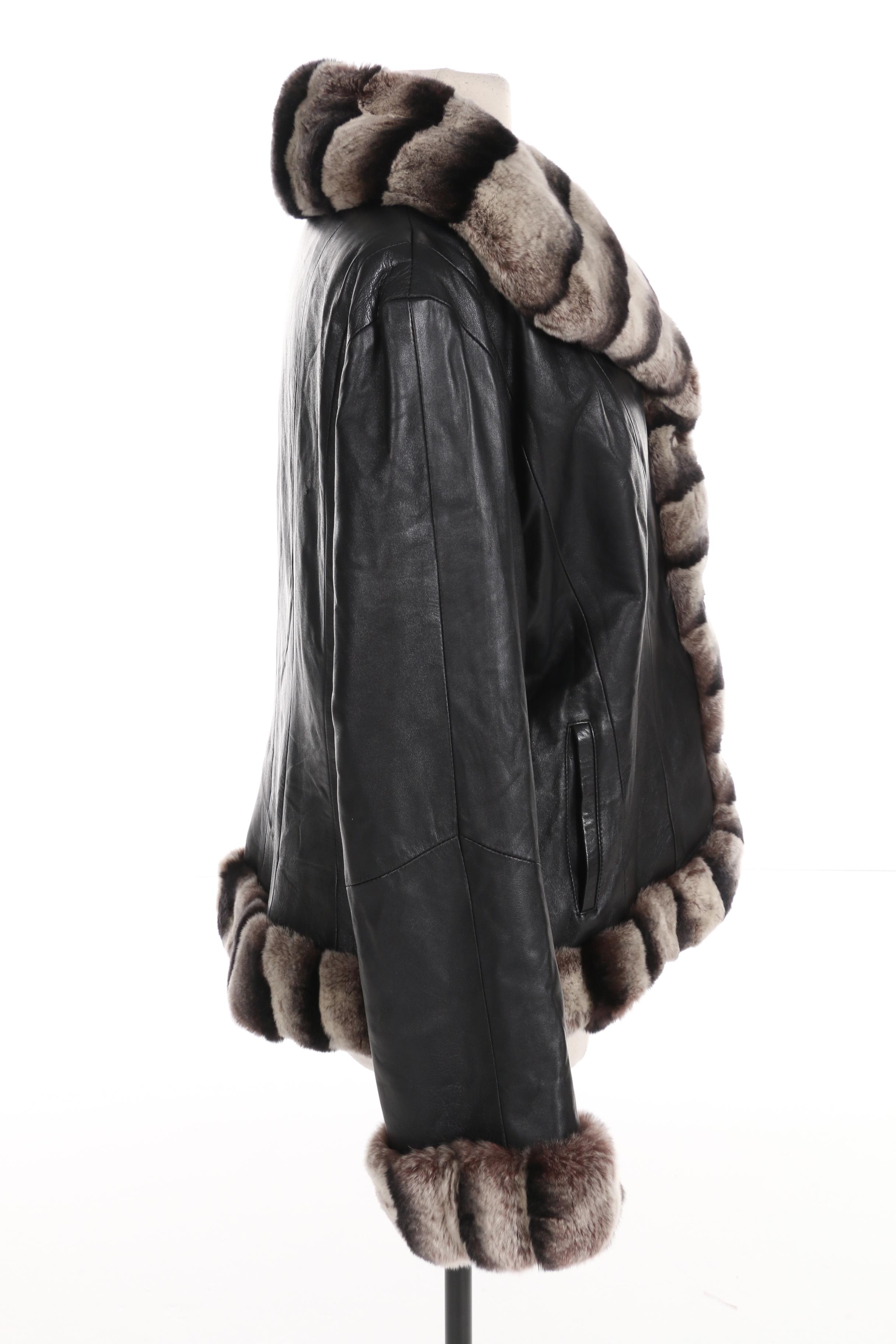 Black Leather Jacket with Chinchilla-Dyed Rex Rabbit Fur Trim