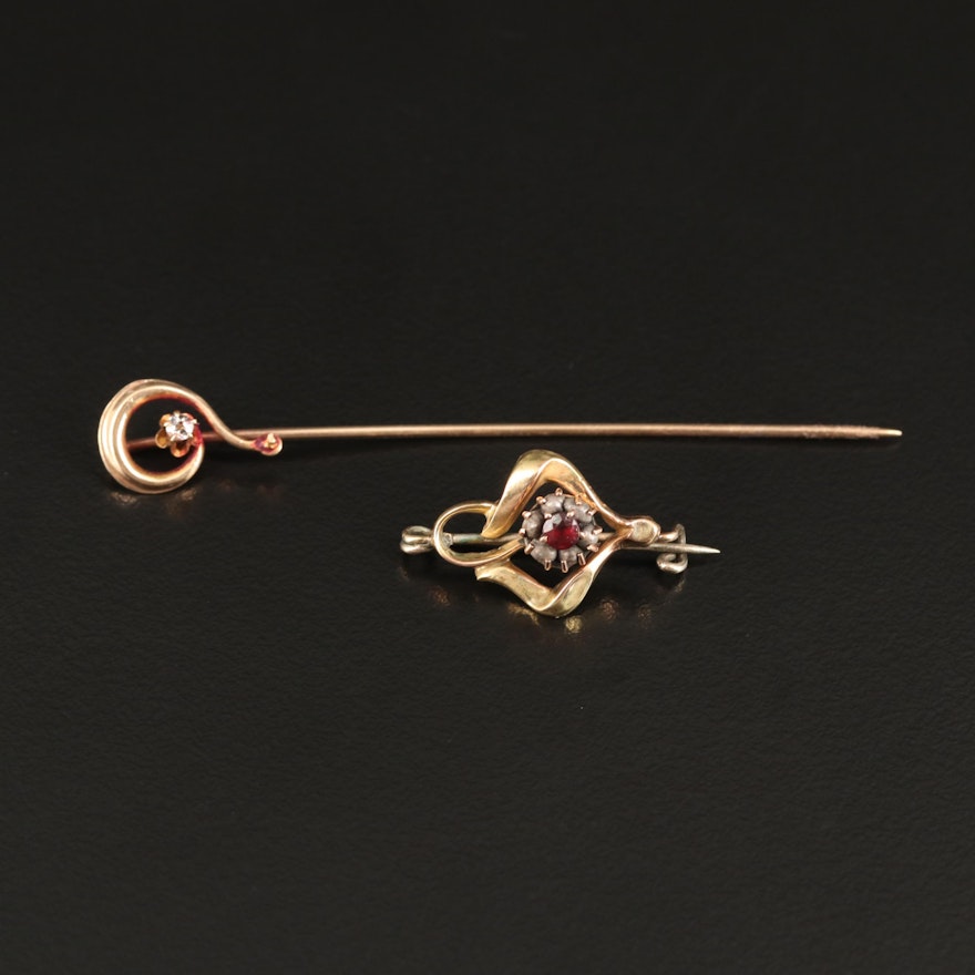 Vintage 10K Stick Pin and Brooch with Diamond and Pearl Accents