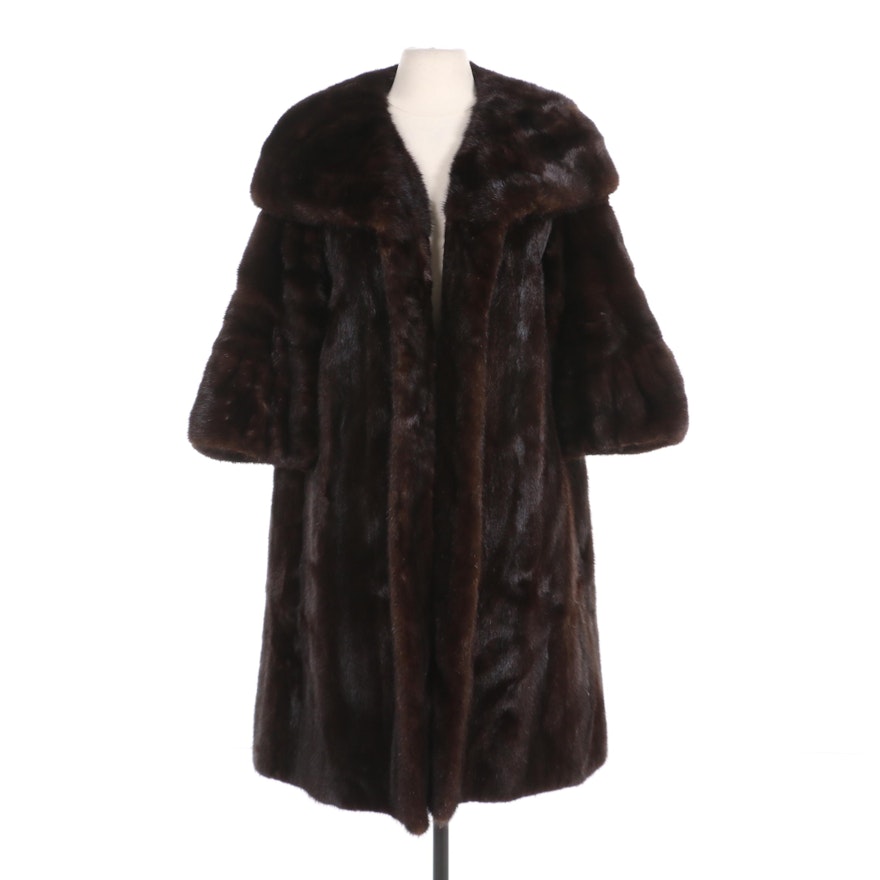 Mahogany Mink Fur Open-Front Coat with Shawl Collar and Bracelet Sleeves