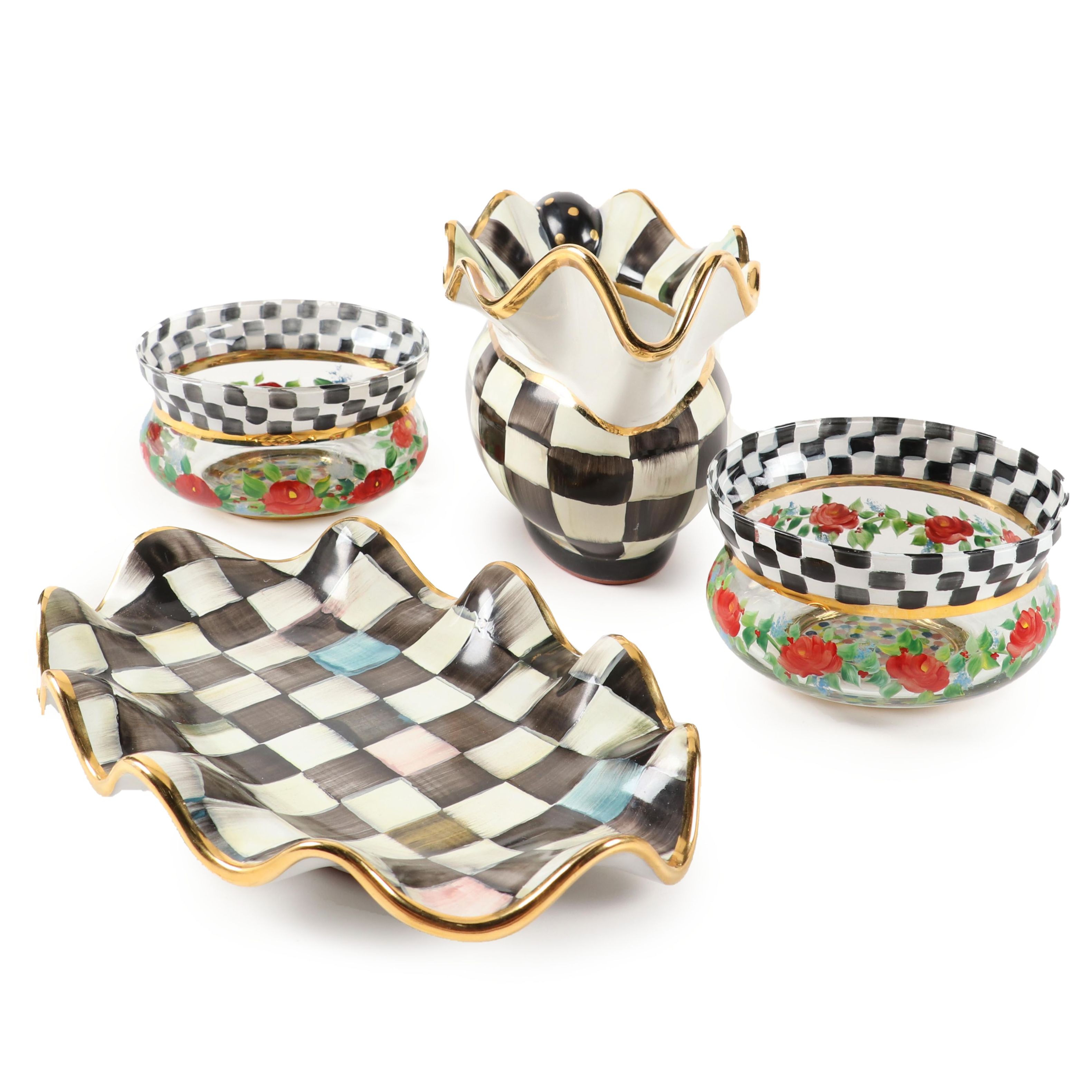 MacKenzie-Childs "Courtly Check" Gravy Boat with "Circus" Rose Bowls