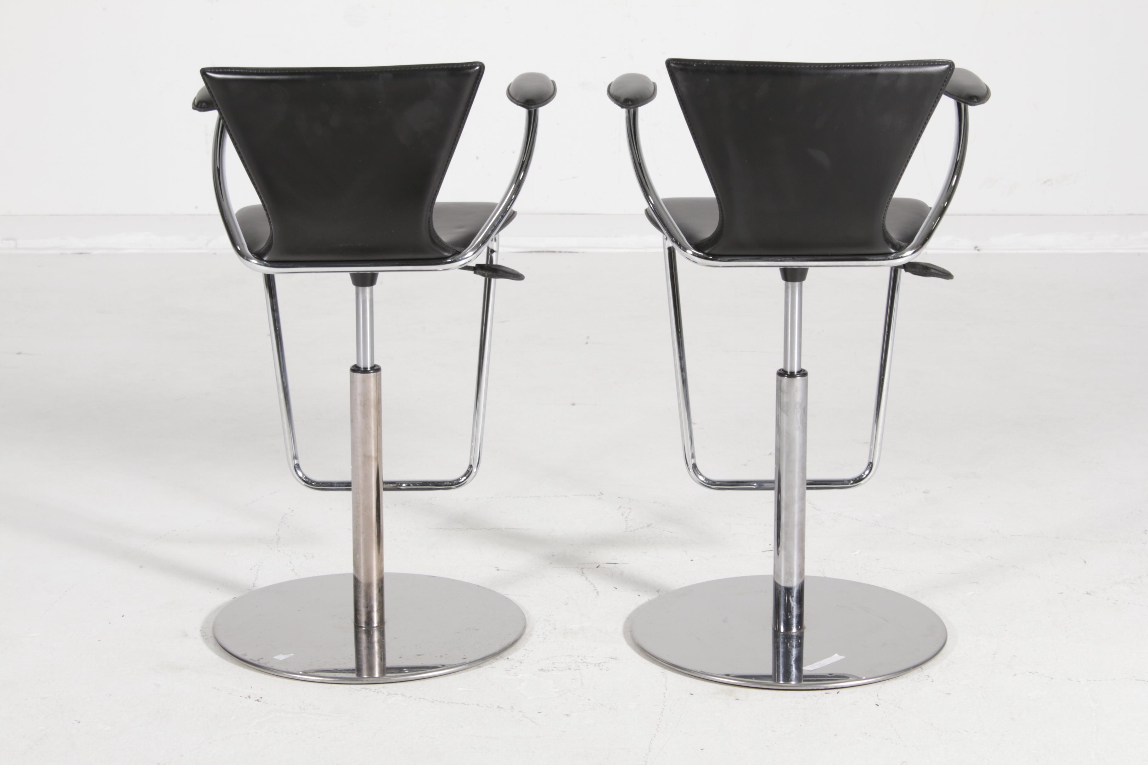 Pair of Serico Contemporary Italian Chrome and Black Leather Barstools