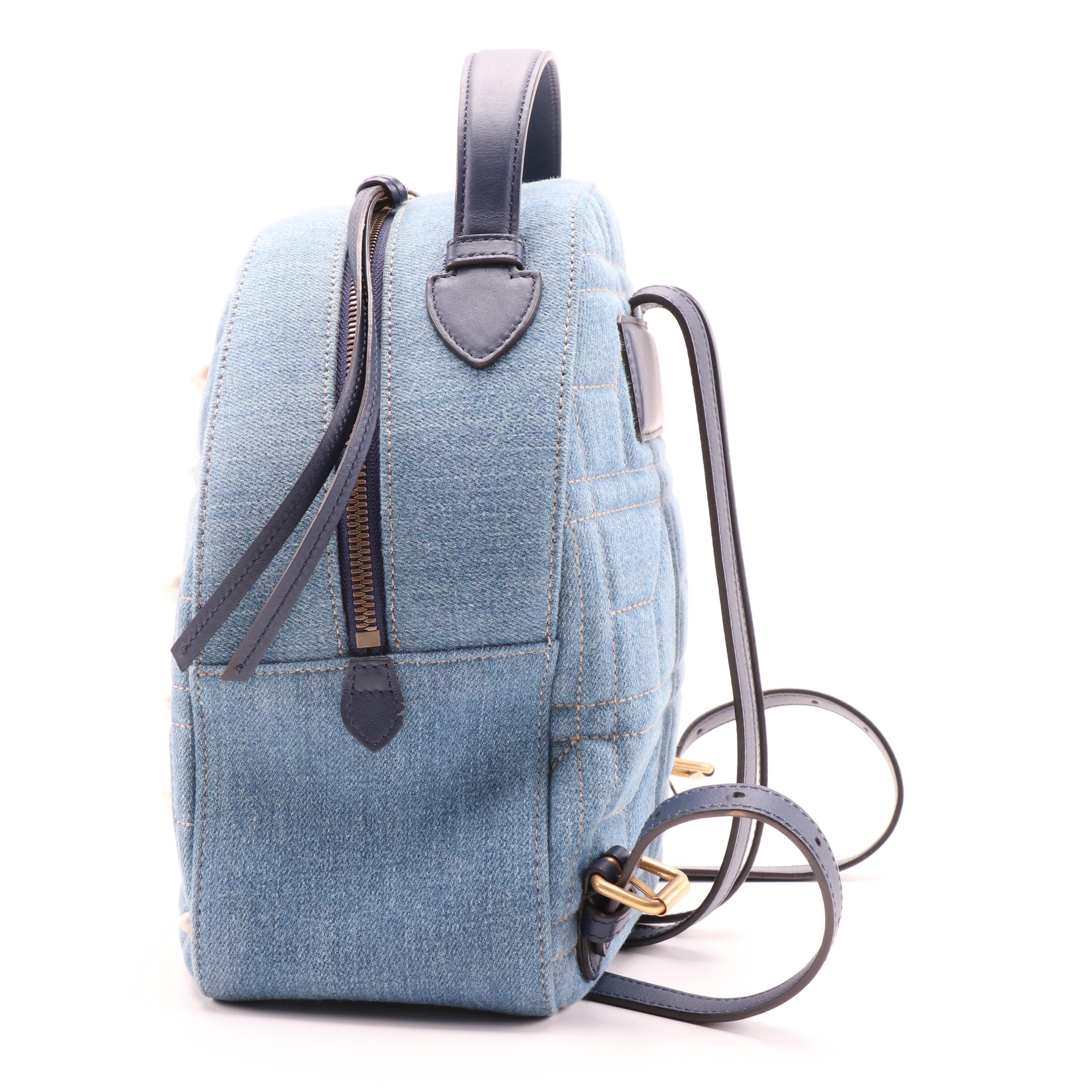 Gucci Pearly GG Marmont Backpack Bag in Matelasse Denim and Leather