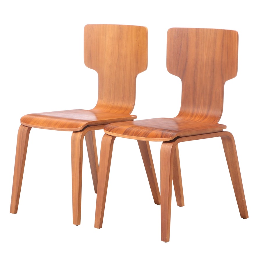 Pair of West Elm Modernist Style Bent Walnut Stackable Dining Side Chairs