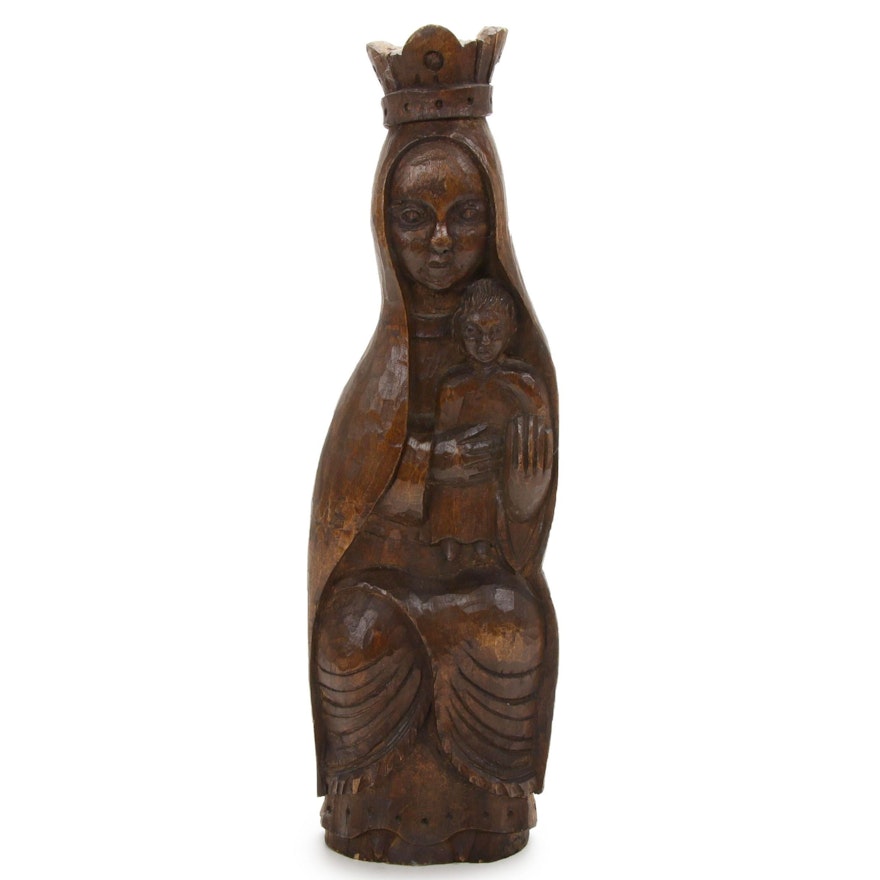Hand-Carved Wooden Sculpture of the Virgin Mary and Baby Jesus