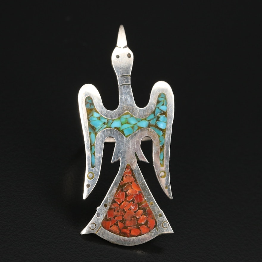 Sterling Stylized Thunderbird with Turquoise and Coral Inlay