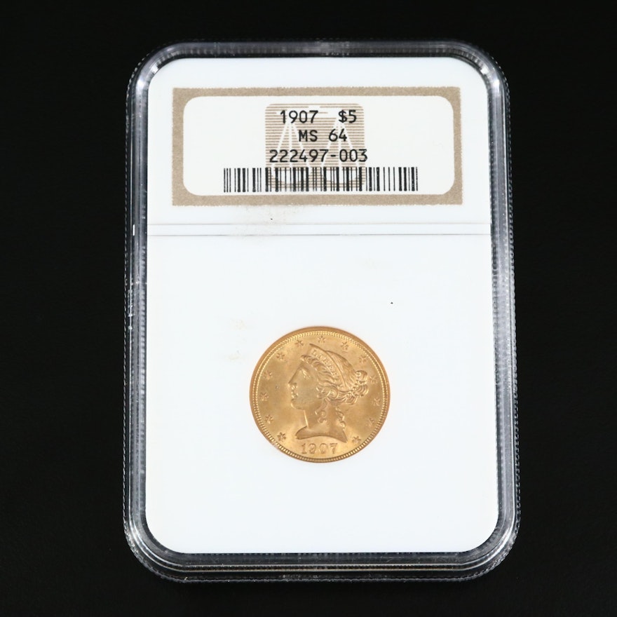 NGC Graded MS64 1907 Liberty Head $5 Gold Half Eagle