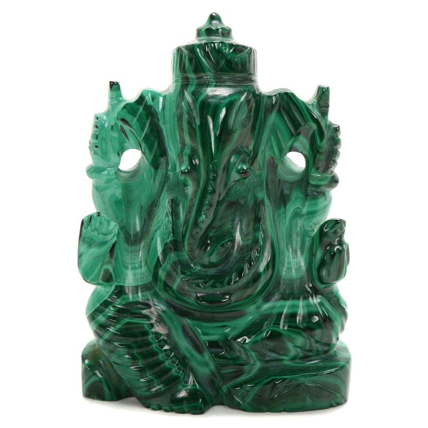 Hand-Carved Malachite Ganesha Figurine