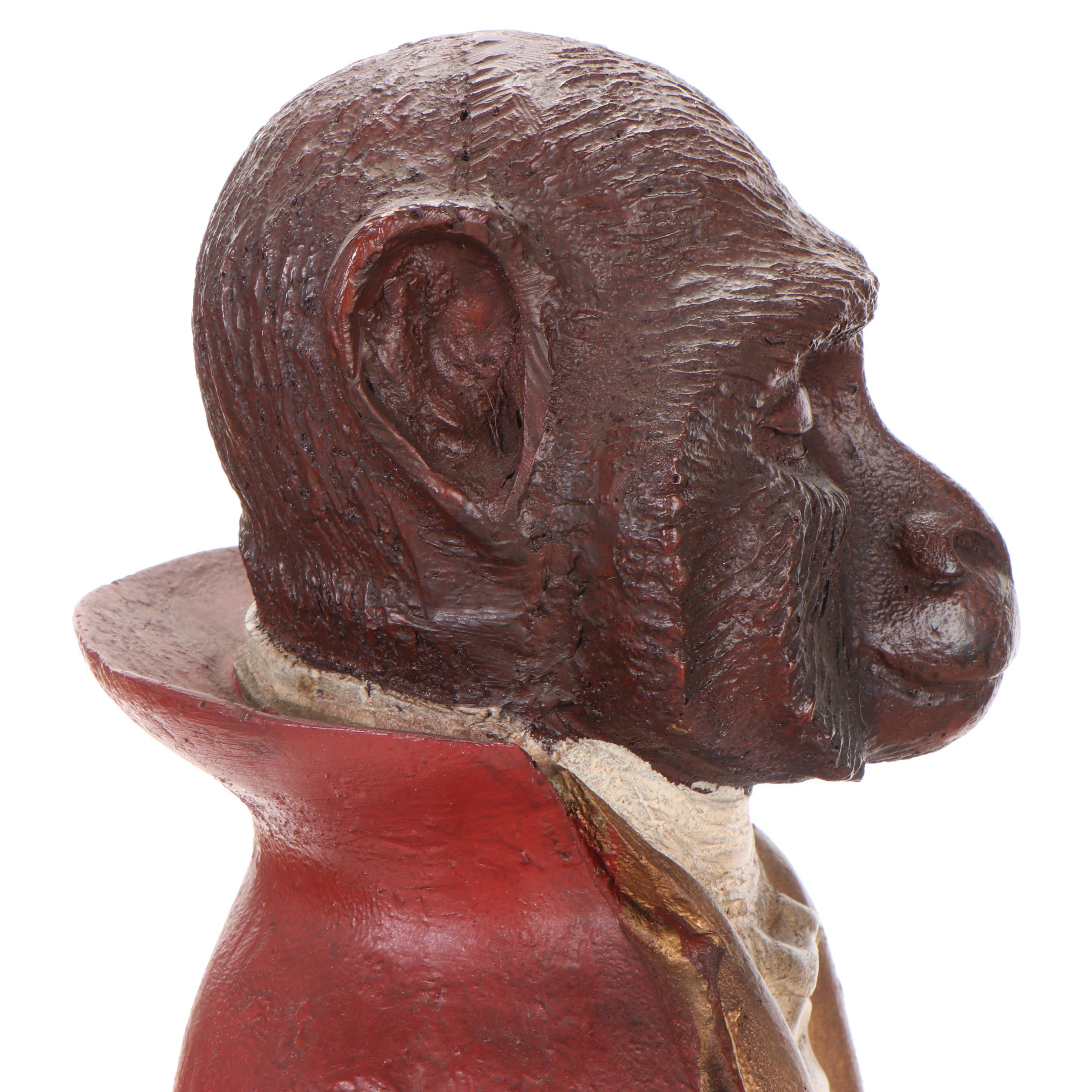 Polychromed Composition Monkey Butler Statue with Silver Plate Serving Tray
