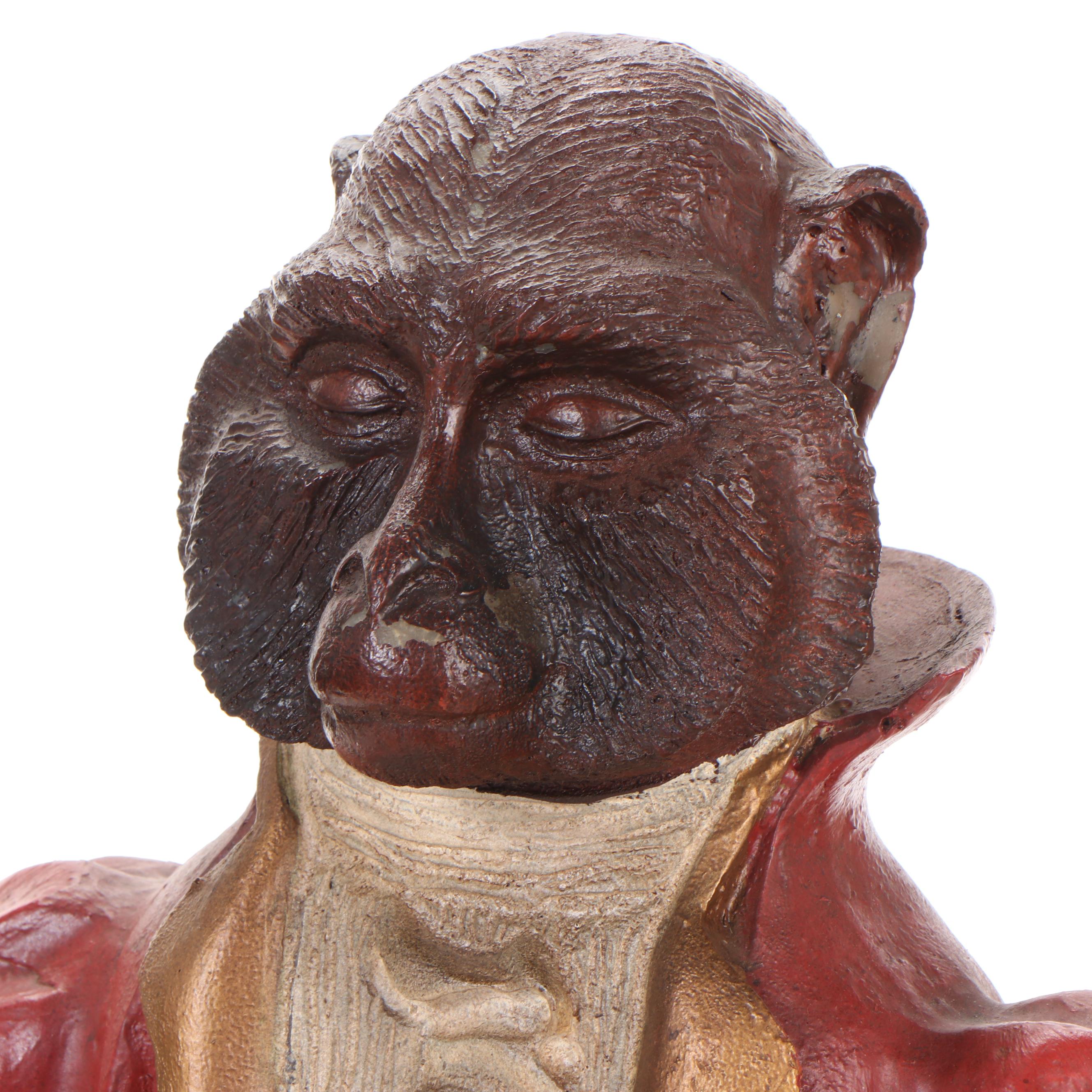 Polychromed Composition Monkey Butler Statue with Silver Plate Serving Tray