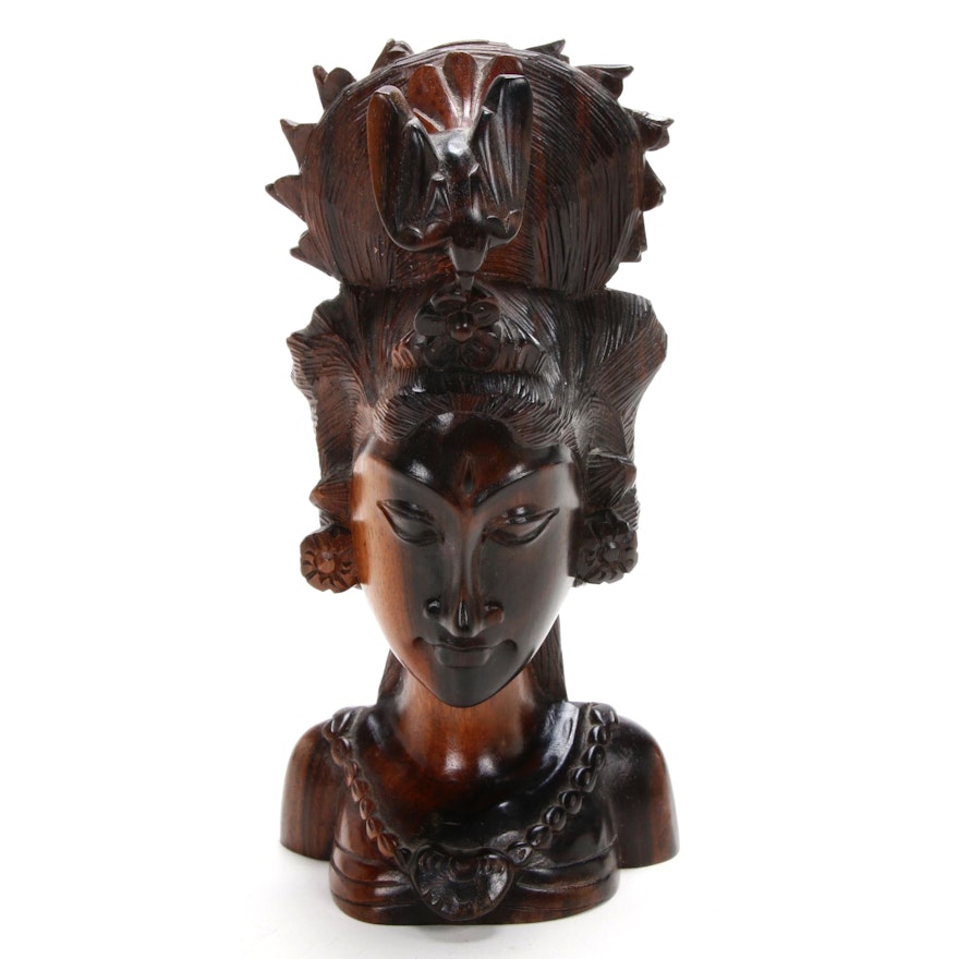 East Asian Carved Wood Bust of Woman with Bird Headdress