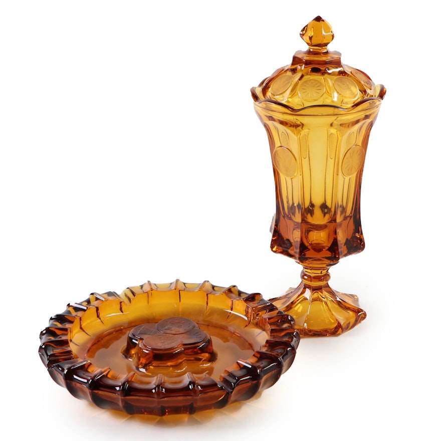 Fostoria "Coin Dot" Amber Pressed Glass Ashtray and Urn, Mid-Late 20th Century