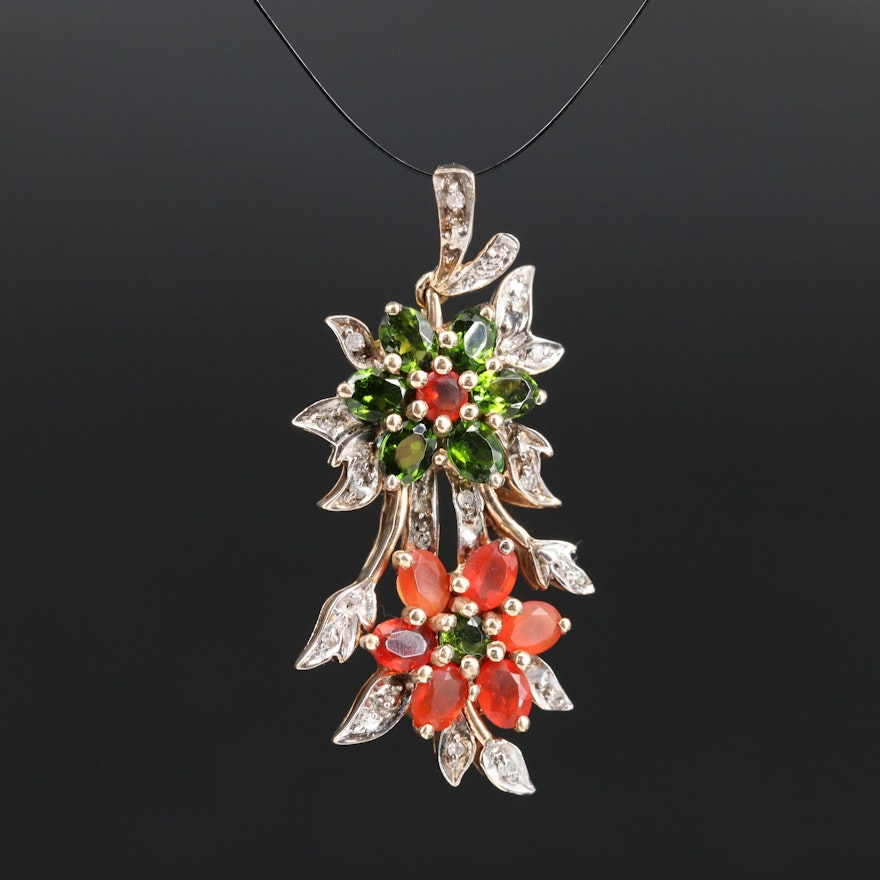10K Diopside, Opal and Diamond Flower Pendant