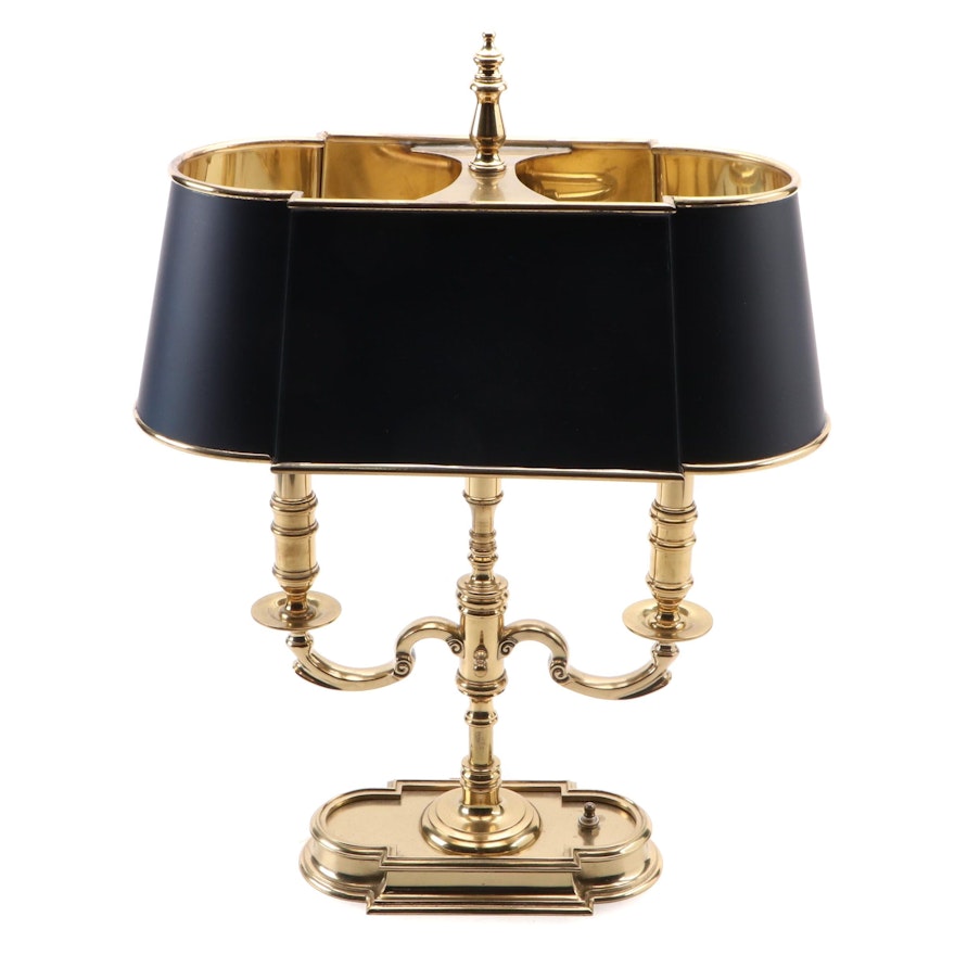 Brass Bouillotte Style Lamp with a Black Oval Shade, Late 20th C.