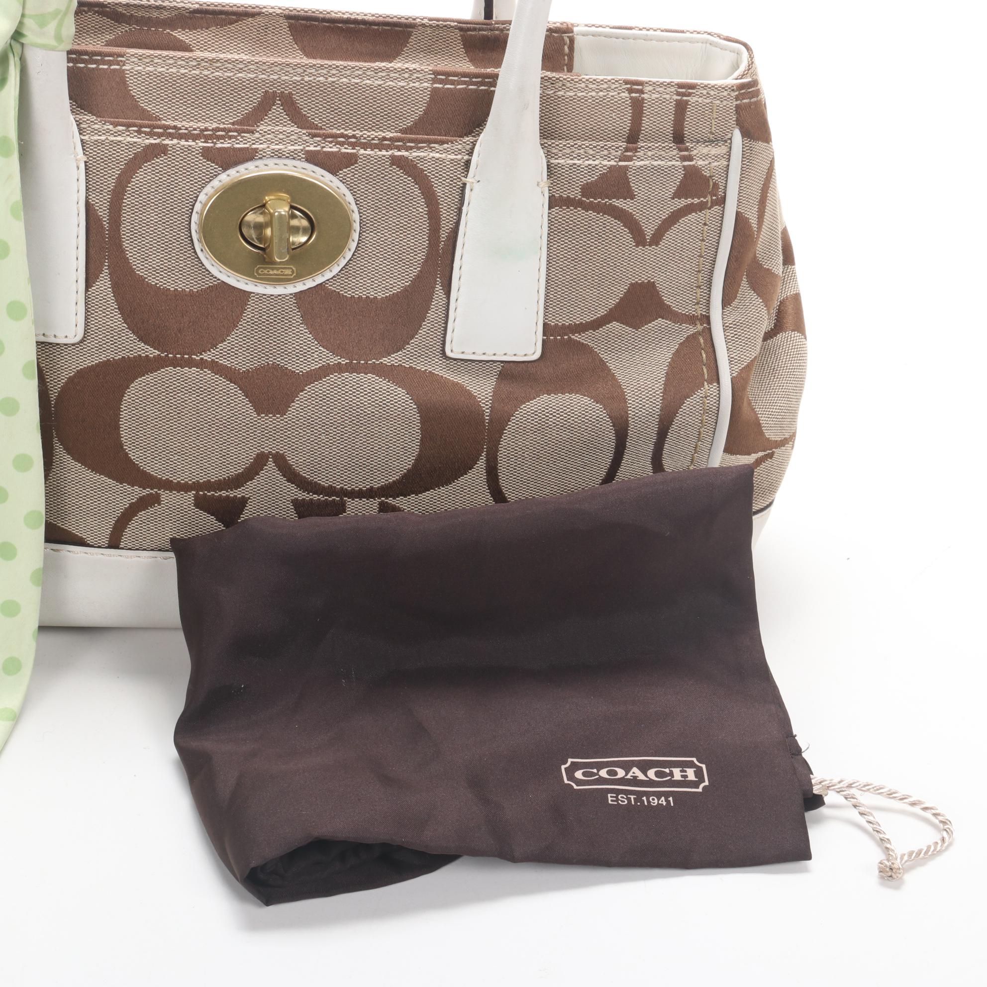 Coach Hampton Madeline Tote Bag in Signature Canvas and White Leather