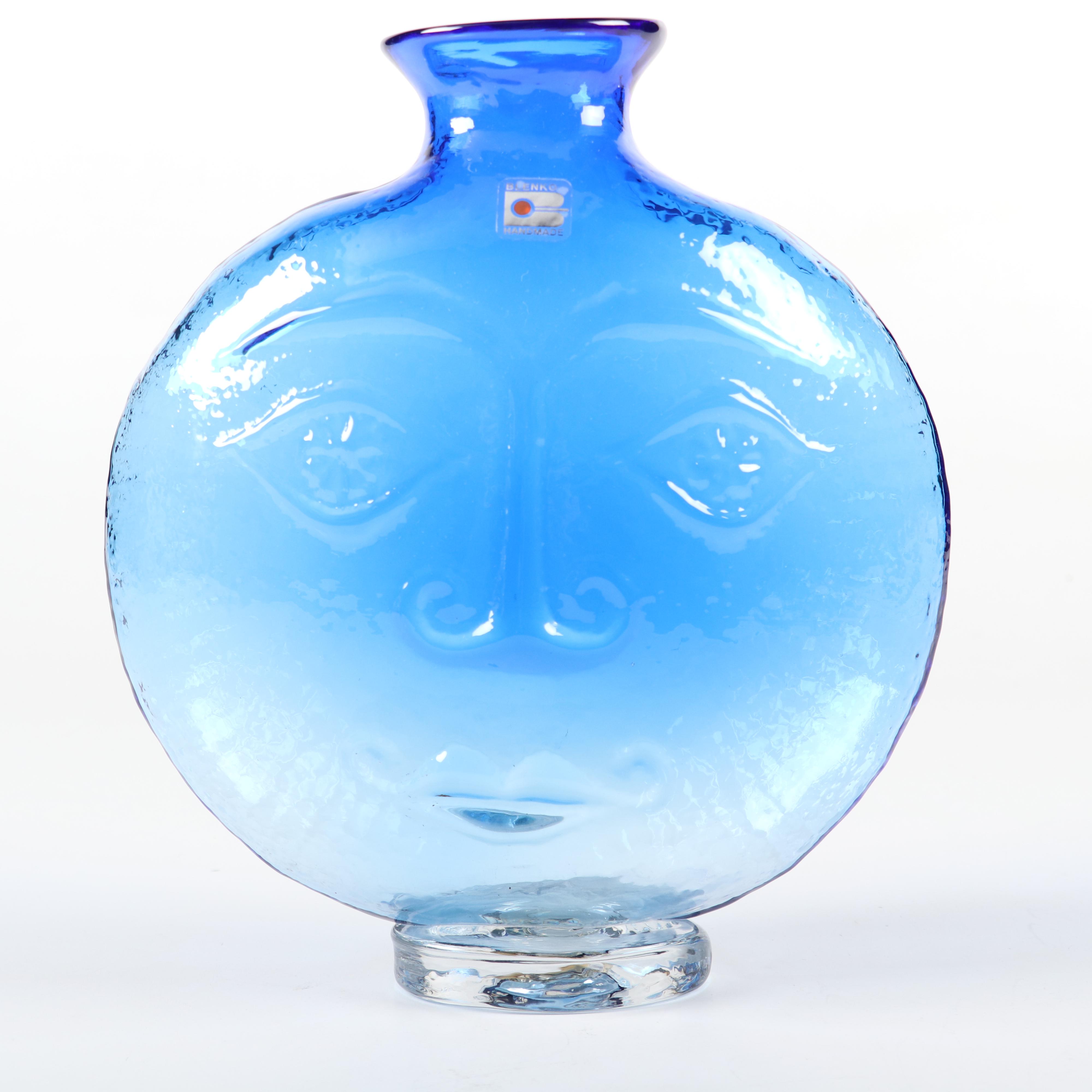 Blenko Mid Century Modern Blue Art Glass Sun Face Vase