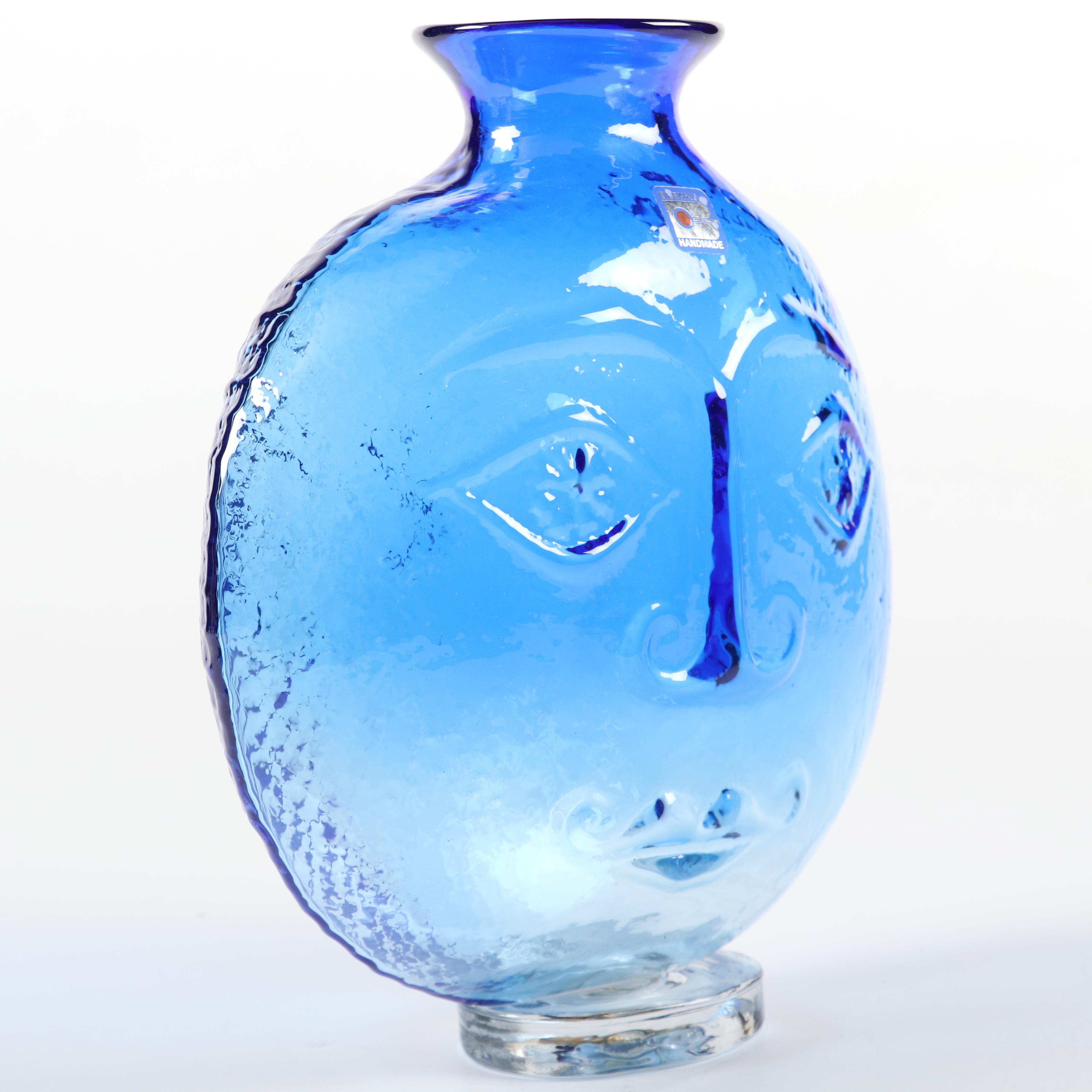 Blenko Mid Century Modern Blue Art Glass Sun Face Vase