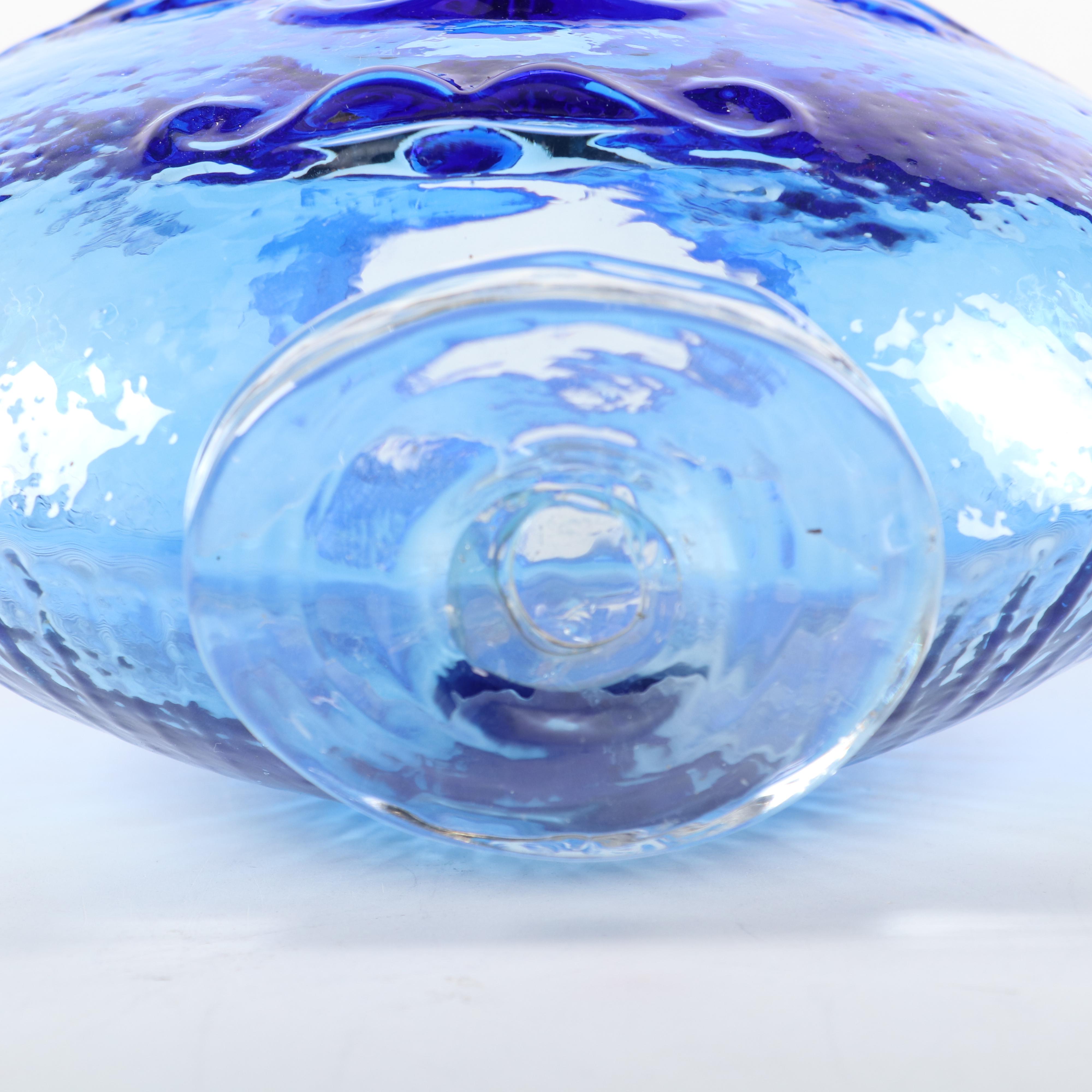 Blenko Mid Century Modern Blue Art Glass Sun Face Vase