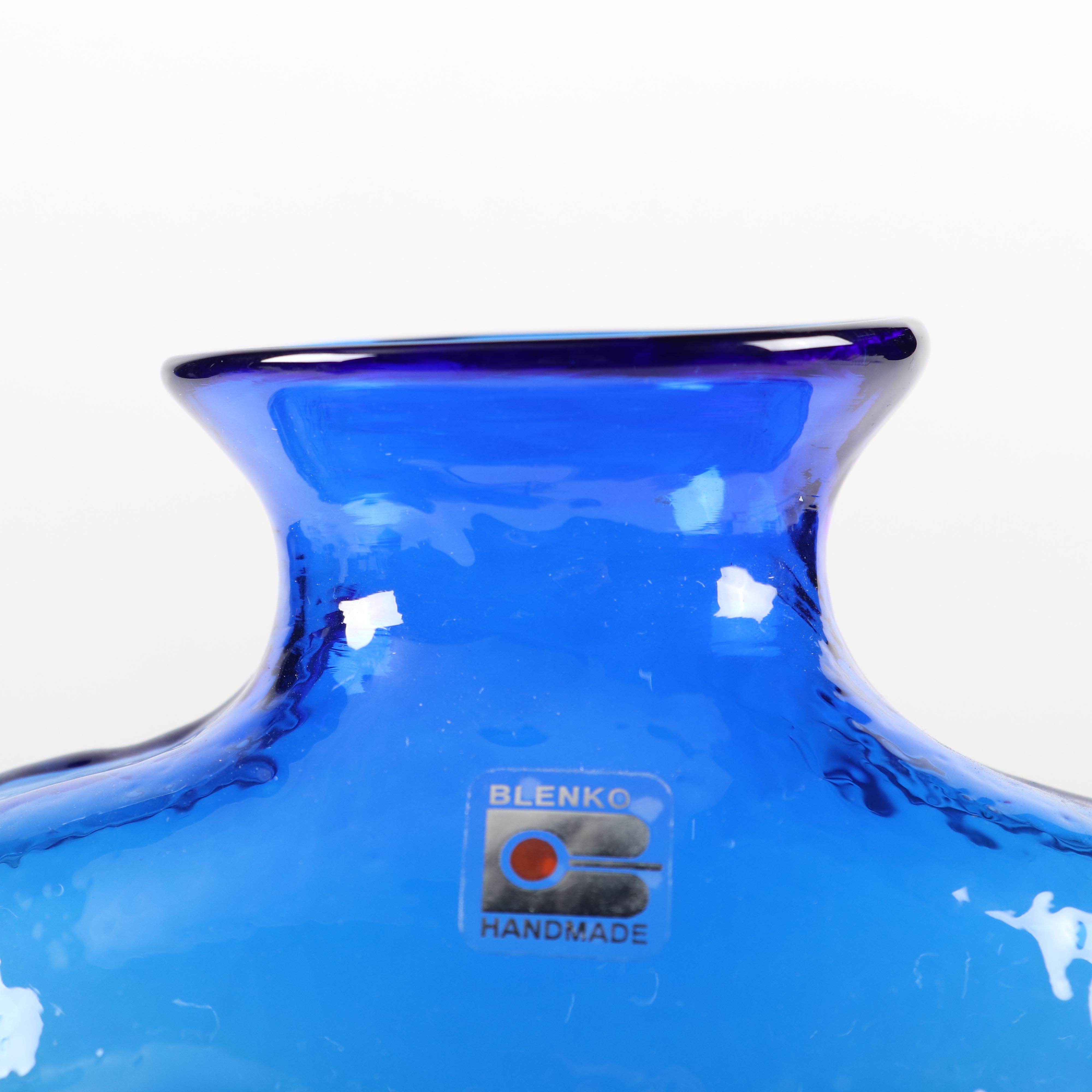Blenko Mid Century Modern Blue Art Glass Sun Face Vase