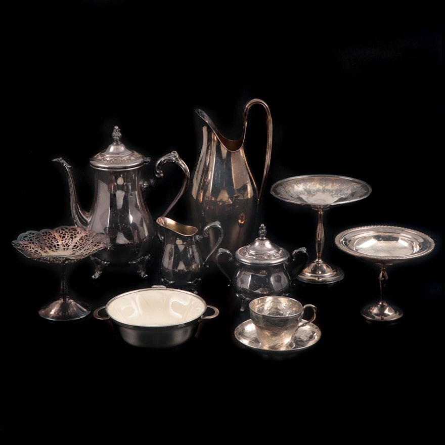 Wm Rogers Coffee Pot, Creamer, and Sugar, Gorham Pitcher and Other Silver Plate