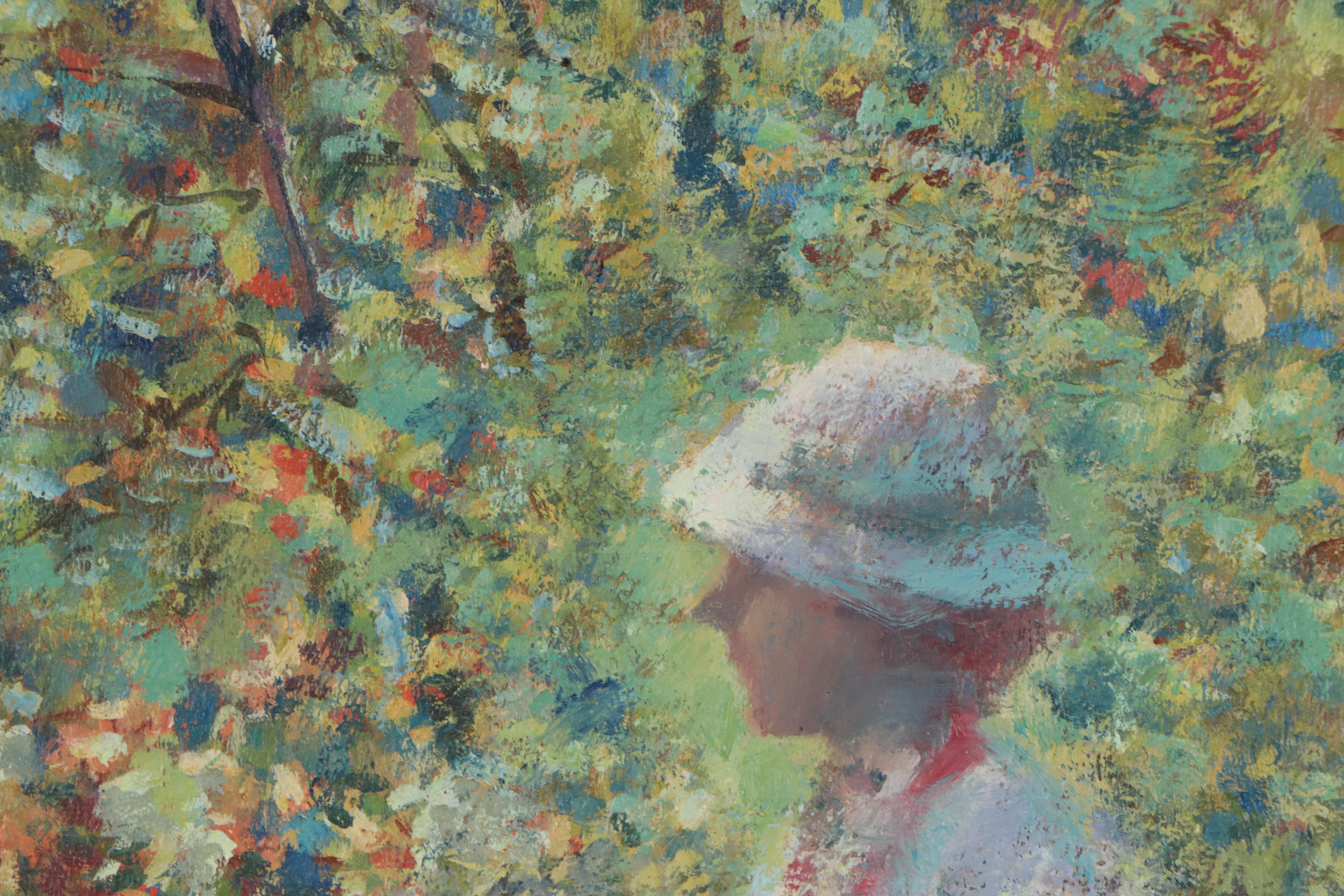 Donald Purdy Impressionist Style Oil Painting of Woman on Garden Bench