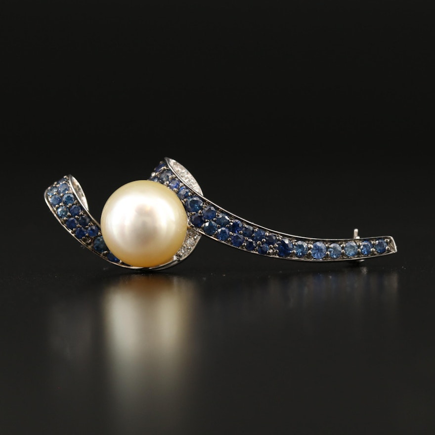 18K Pearl, Sapphire and Diamond Ribbon Motif Brooch