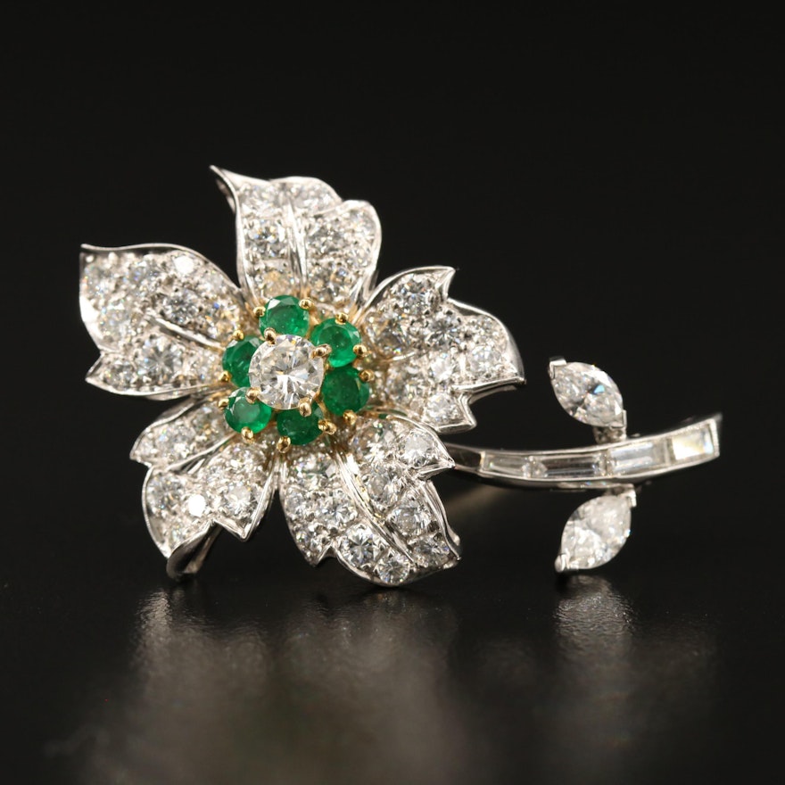 Platinum 4.09 CTW Diamond and Emerald Flower Brooch