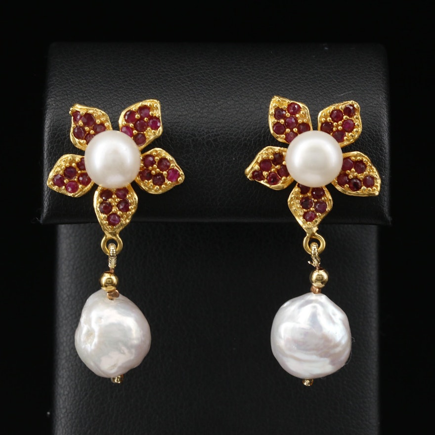 Sterling Silver Pearl and Ruby Flower Drop Earrings