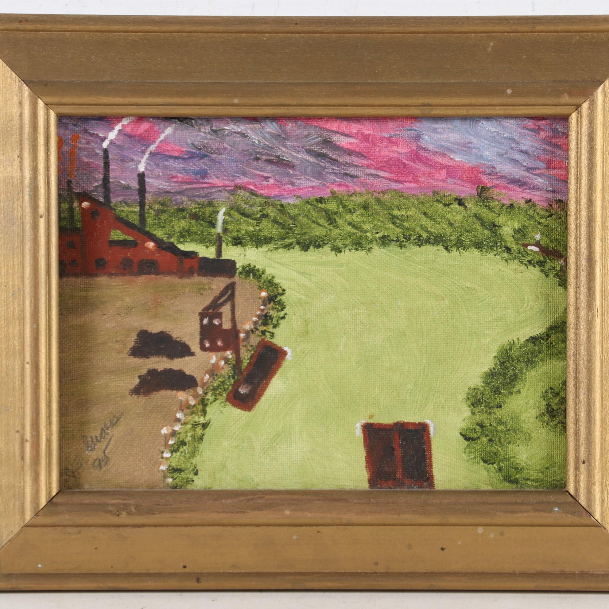 John Graves Folk Art Oil Painting of a Mill, 1995