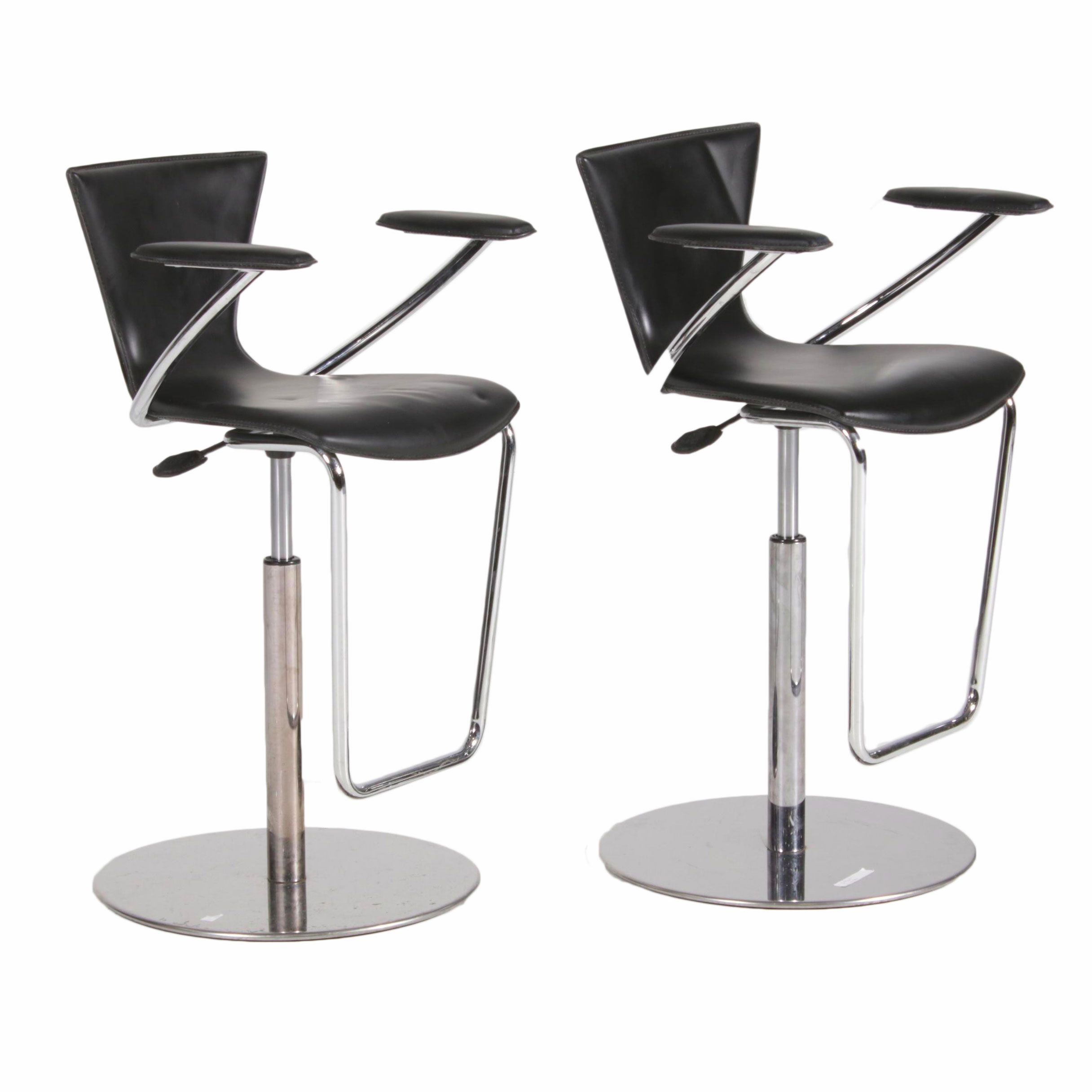 Pair of Serico Contemporary Italian Chrome and Black Leather Barstools