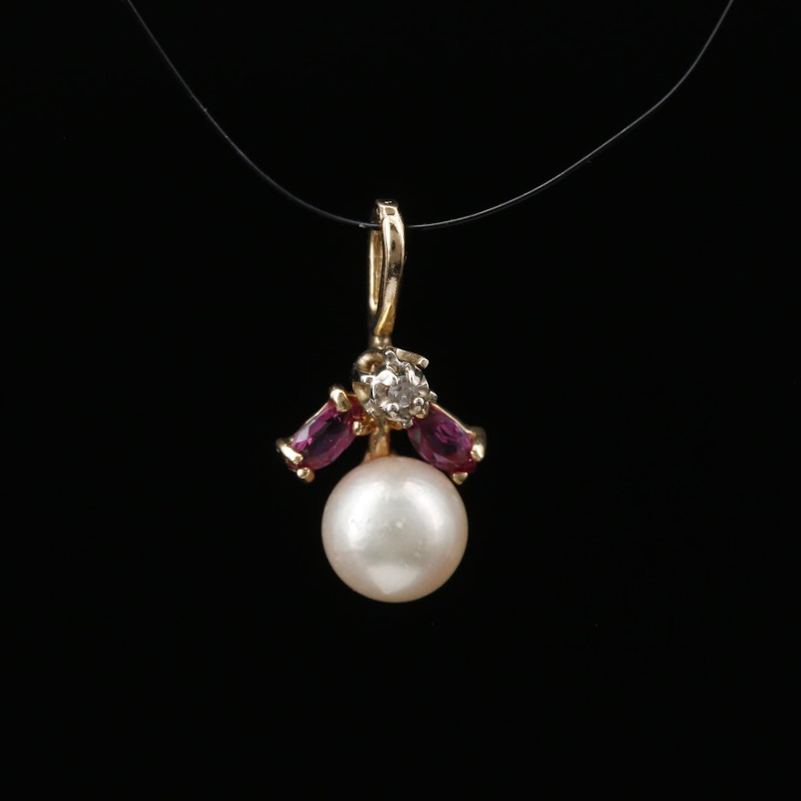14K Pearl, Ruby and Diamond Pendant