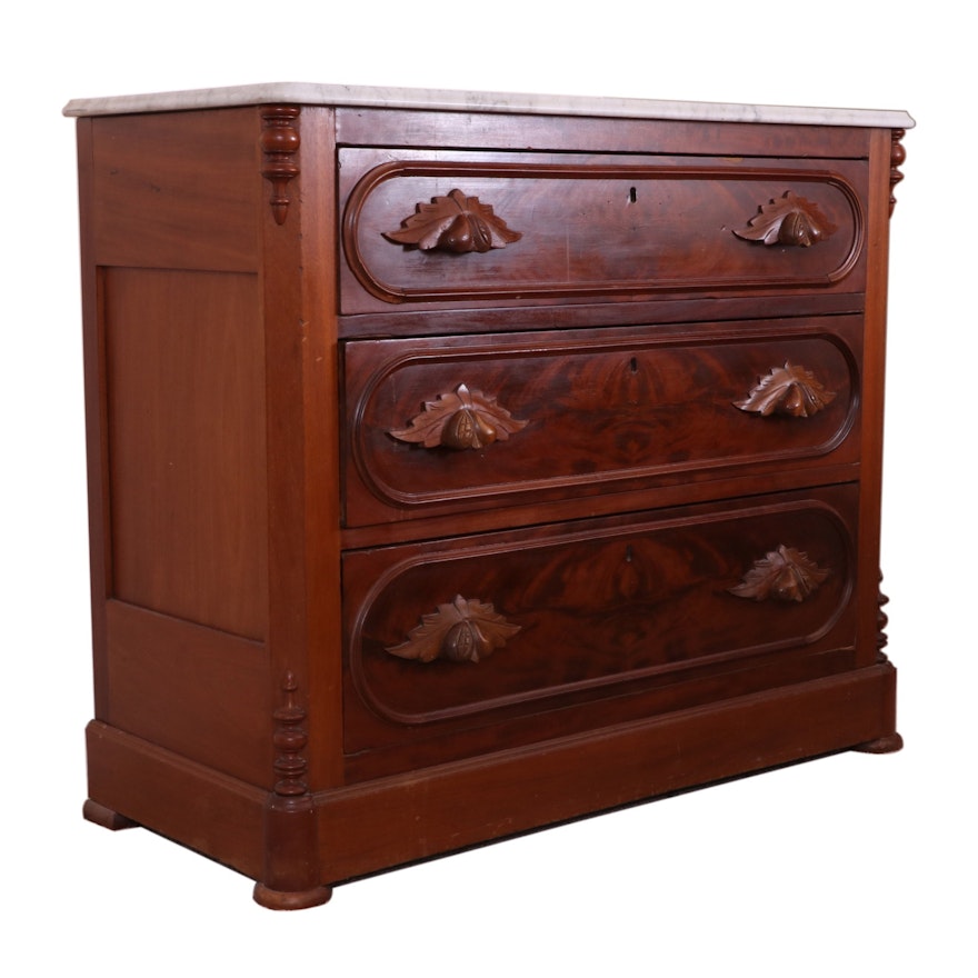 Victorian Walnut, Burl Walnut and Marble Top Chest of Drawers