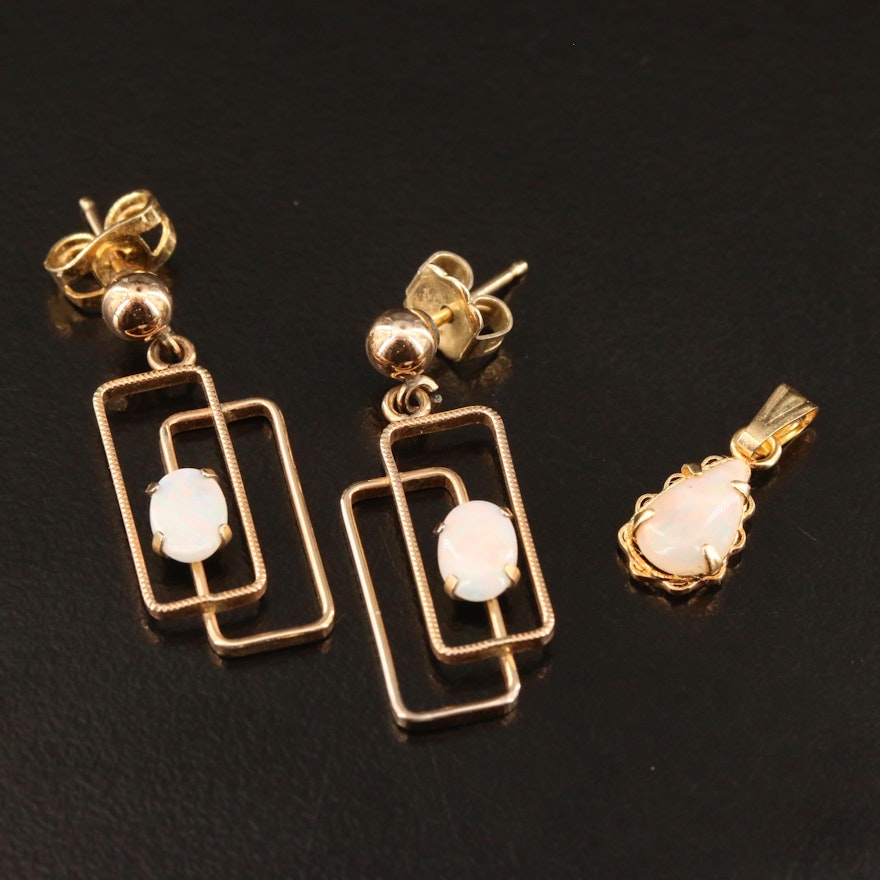 14K Opal Pendant and Geometric Earrings