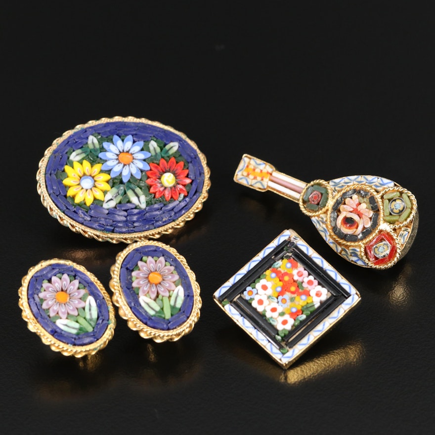 Micromosaic Brooches and Clip Earrings
