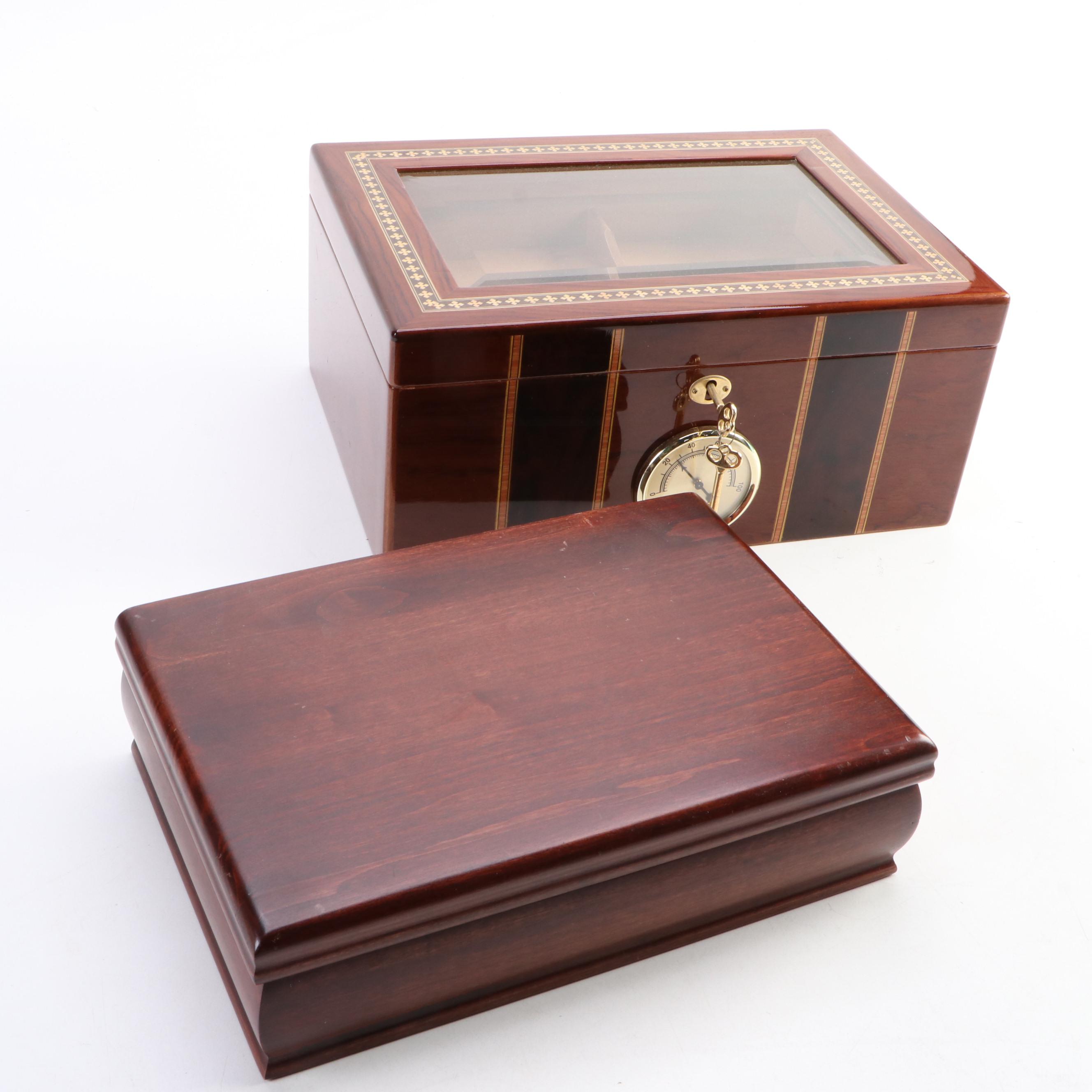 Reed & Barton "Diamond Crown" Humidor and Locking Inlaid Wood Humidor, 21st C
