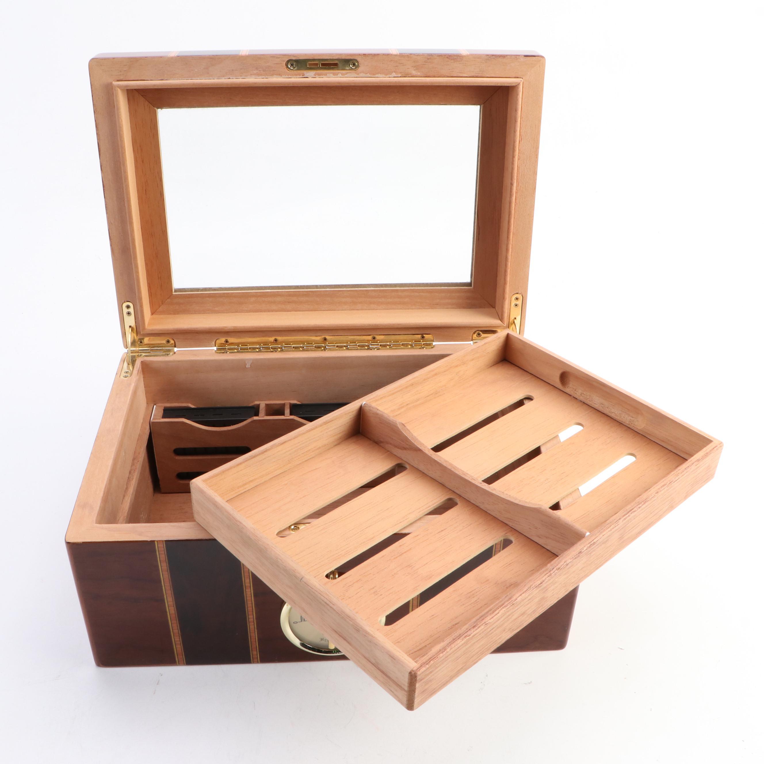 Reed & Barton "Diamond Crown" Humidor and Locking Inlaid Wood Humidor, 21st C