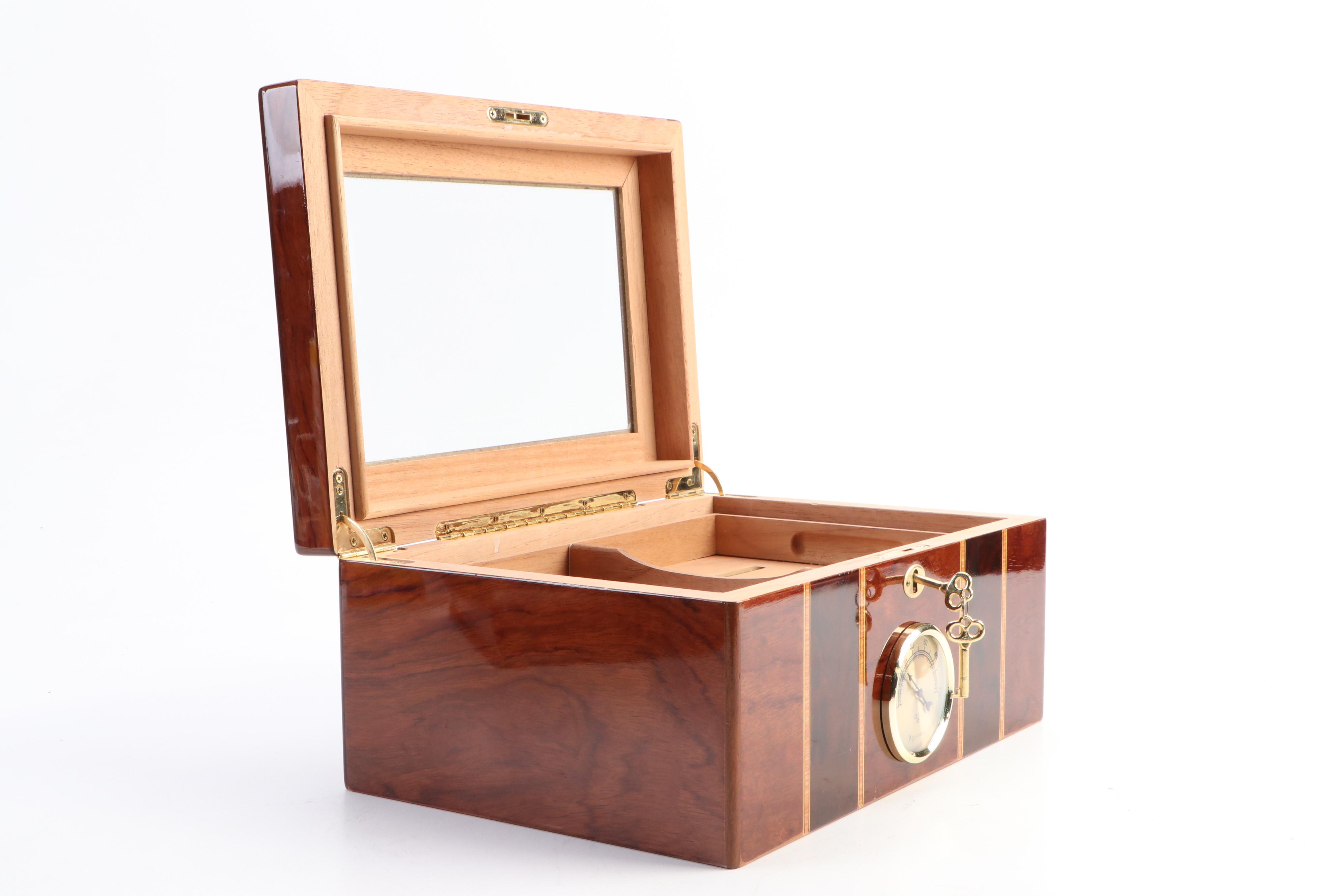 Reed & Barton "Diamond Crown" Humidor and Locking Inlaid Wood Humidor, 21st C